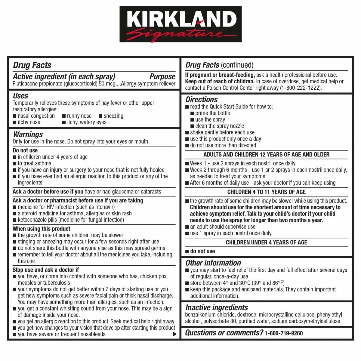 Kirkland Signature Aller-Flo Fluticasone Propionate (Glucorticoid) 5 Bottles x 144 Metered Sprays 0.62 Fl OZ per Bottle, 700 Total Sprays, 1-Pack