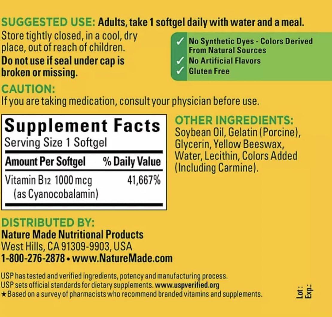 Nature Made Vitamin B12 1000 mcg., 400 Softgels, Vitamin B for Women & B Vitamins for Men, 400 Softgels, 400 Day Supply,