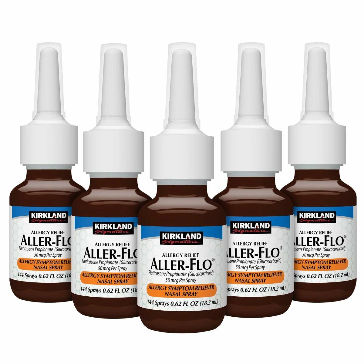 Kirkland Signature Aller-Flo Fluticasone Propionate (Glucorticoid) 5 Bottles x 144 Metered Sprays 0.62 Fl OZ per Bottle, 700 Total Sprays, 1-Pack