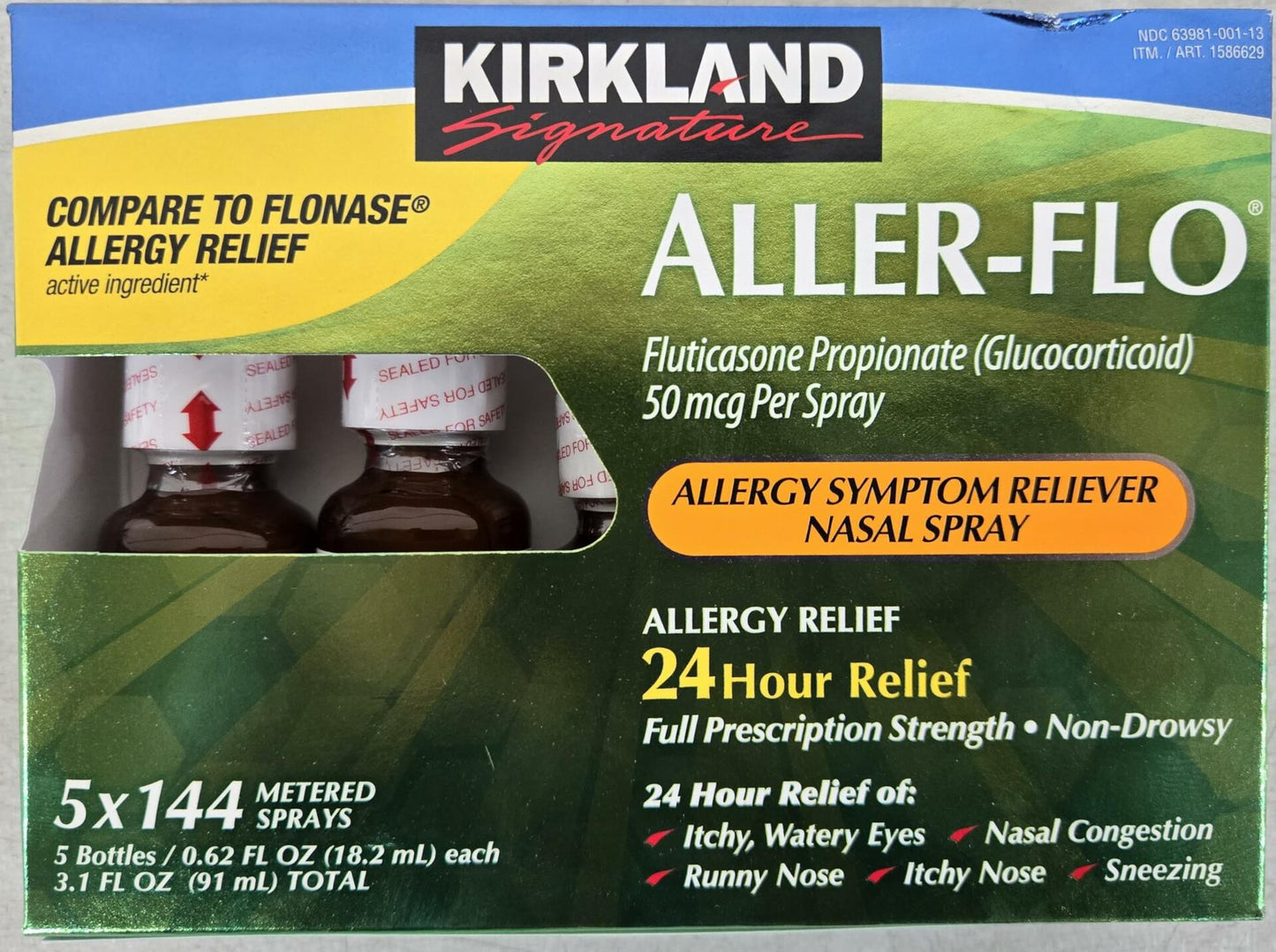 Kirkland Signature Aller-Flo Fluticasone Propionate (Glucorticoid) 5 Bottles x 144 Metered Sprays 0.62 Fl OZ per Bottle, 700 Total Sprays, 1-Pack