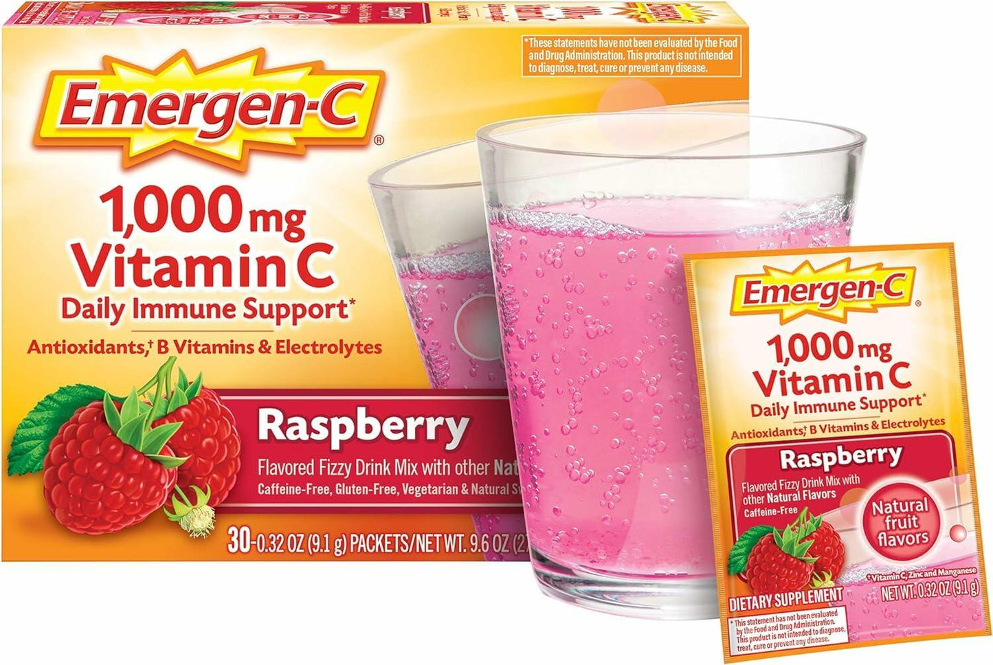 Emergen-C 1000mg Vitamin C Powder, with Antioxidants, B Vitamins and Electrolytes, Immunity Supplements for Immune Support, Caffeine Free Fizzy Drink Mix, Raspberry Flavor, 0.32 Ounce (Pack of 30)