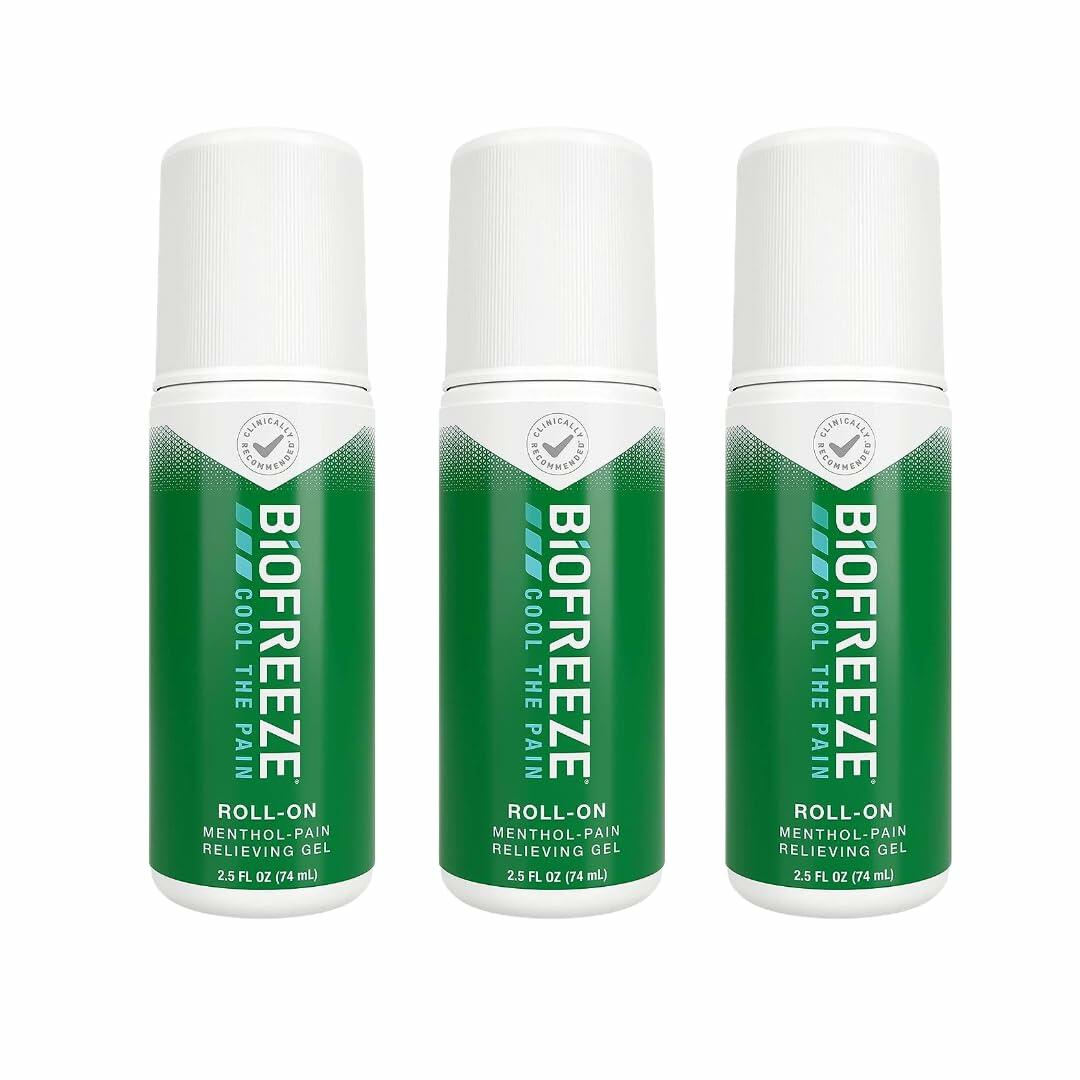 Biofreeze 13451 Roll-On Pain-Relieving Gel, 2.5 FL oz, Green Topical, Arthritis, Strains, Bruises, & Sprains (7.5 Fl Oz (Pack of 3), 3, Count)