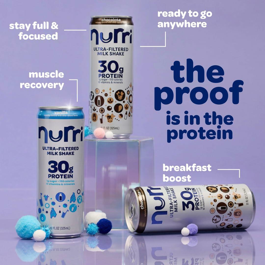 Nurri - 30g Protein Ultra Filtered Milk Shake – Vanilla - Lactose Free, Low Sugar, 150 Calories, 10 Vitamins and Minerals - 11 fl oz, 12 Cans