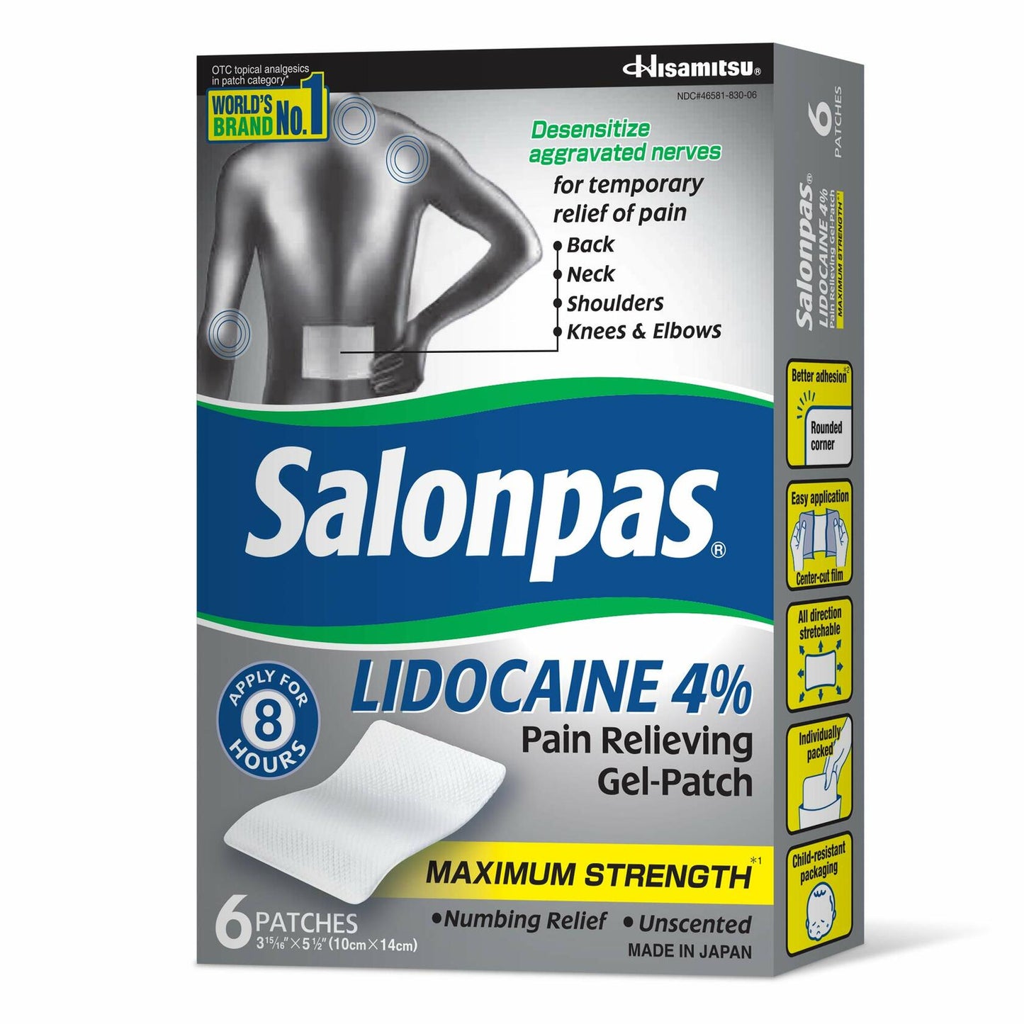 Salonpas Lidocaine 4% Pain Relieving Gel-Patch, 6 Count, for Back, Neck, Shoulder, Knee & Elbow Pain