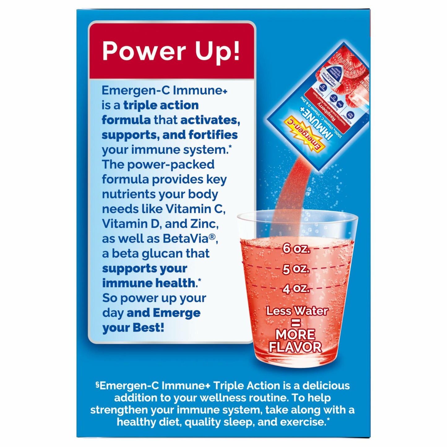 Emergen-C Immune+ Triple Action Immune Support Powder, BetaVia (R), 1000mg Vitamin C, B Vitamins, Vitamin D and Antioxidants, Raspberry – 30 Count