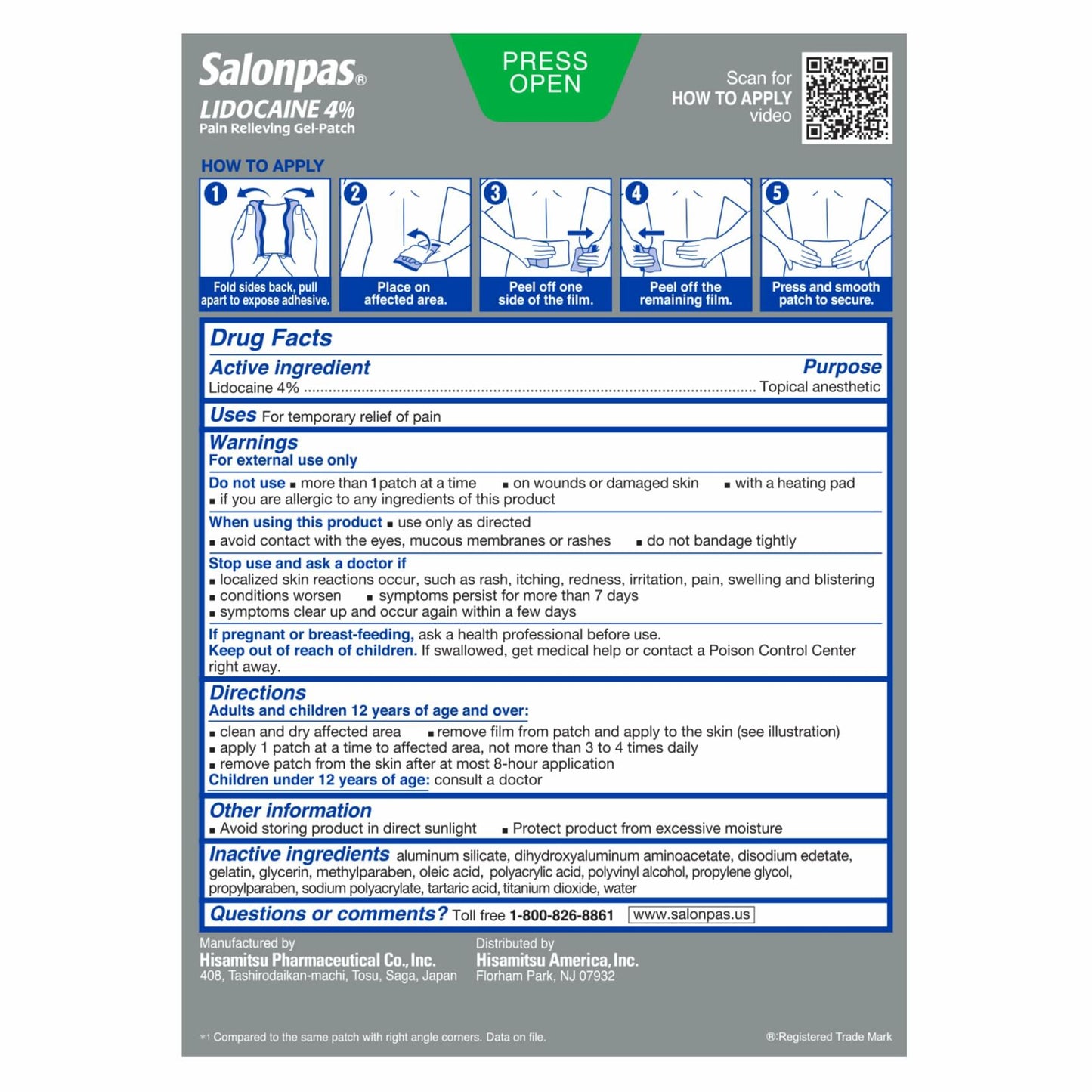 Salonpas Lidocaine 4% Pain Relieving Gel-Patch, 6 Count, for Back, Neck, Shoulder, Knee & Elbow Pain