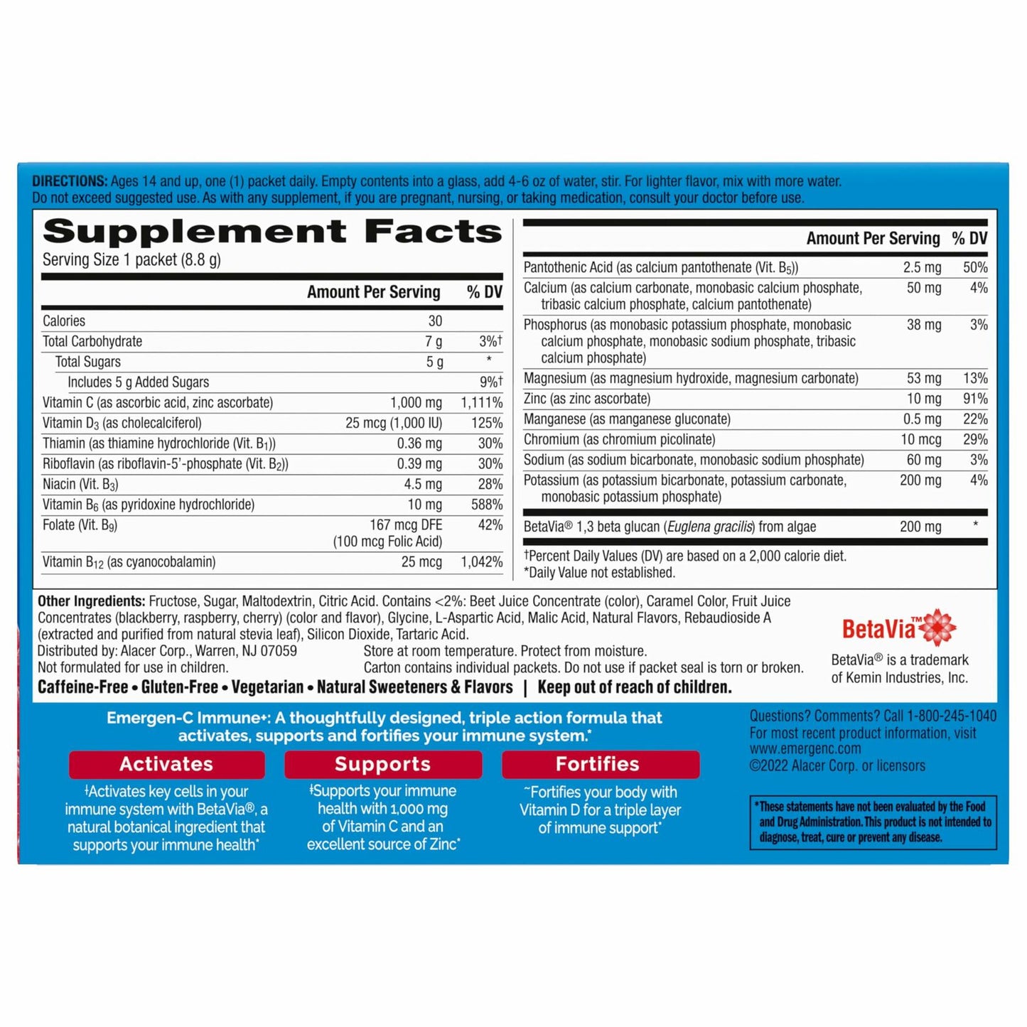 Emergen-C Immune+ Triple Action Immune Support Powder, BetaVia (R), 1000mg Vitamin C, B Vitamins, Vitamin D and Antioxidants, Raspberry – 30 Count