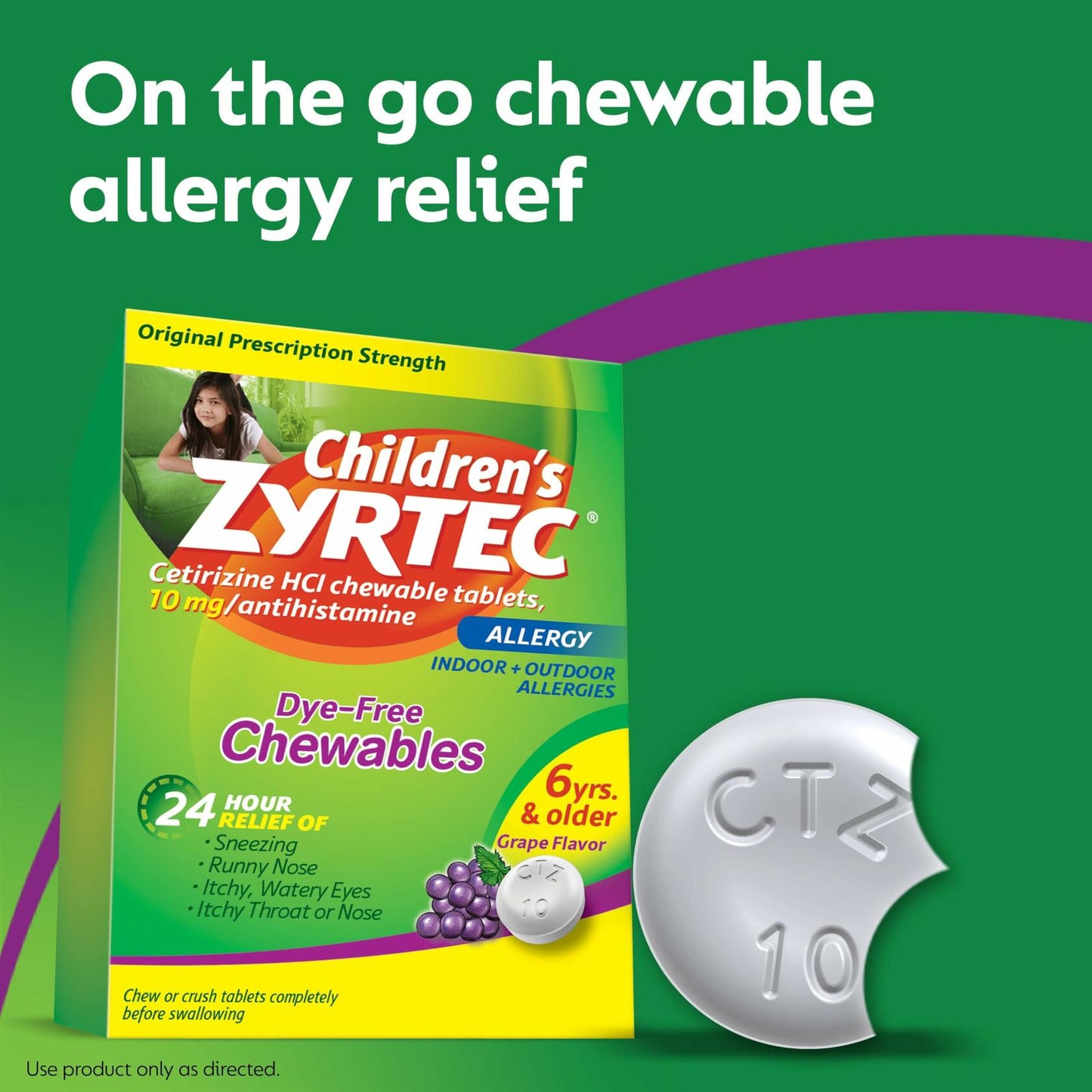 Zyrtec Children's Dye-Free Chewables for 24 Hour Allergy Relief, 10 mg Cetirizine Hydrochloride Antihistamine Tablets, Kids Allergy Medicine Relieves Sneezing & Itchy Throat, Grape, 24 ct