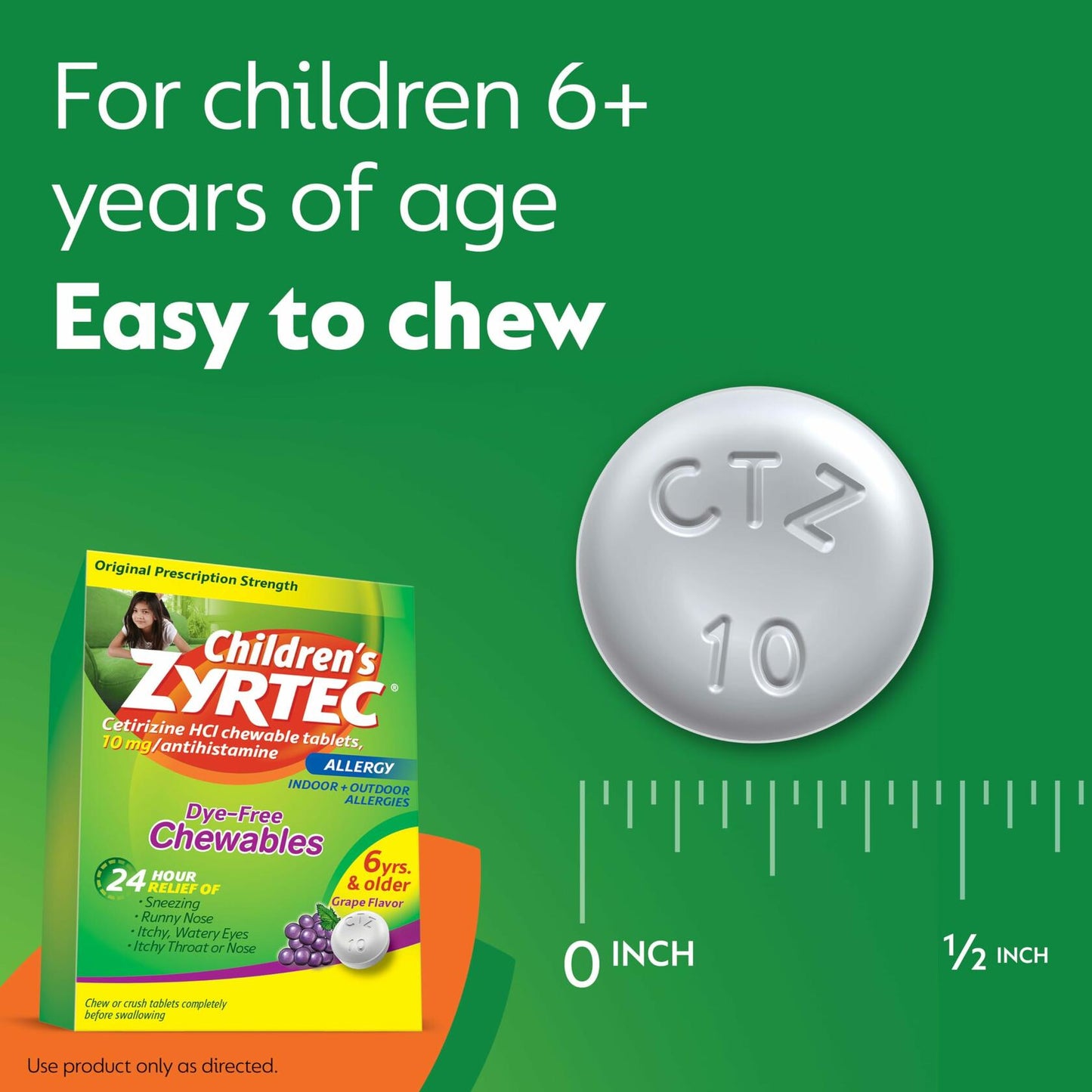 Zyrtec Children's Dye-Free Chewables for 24 Hour Allergy Relief, 10 mg Cetirizine Hydrochloride Antihistamine Tablets, Kids Allergy Medicine Relieves Sneezing & Itchy Throat, Grape, 24 ct
