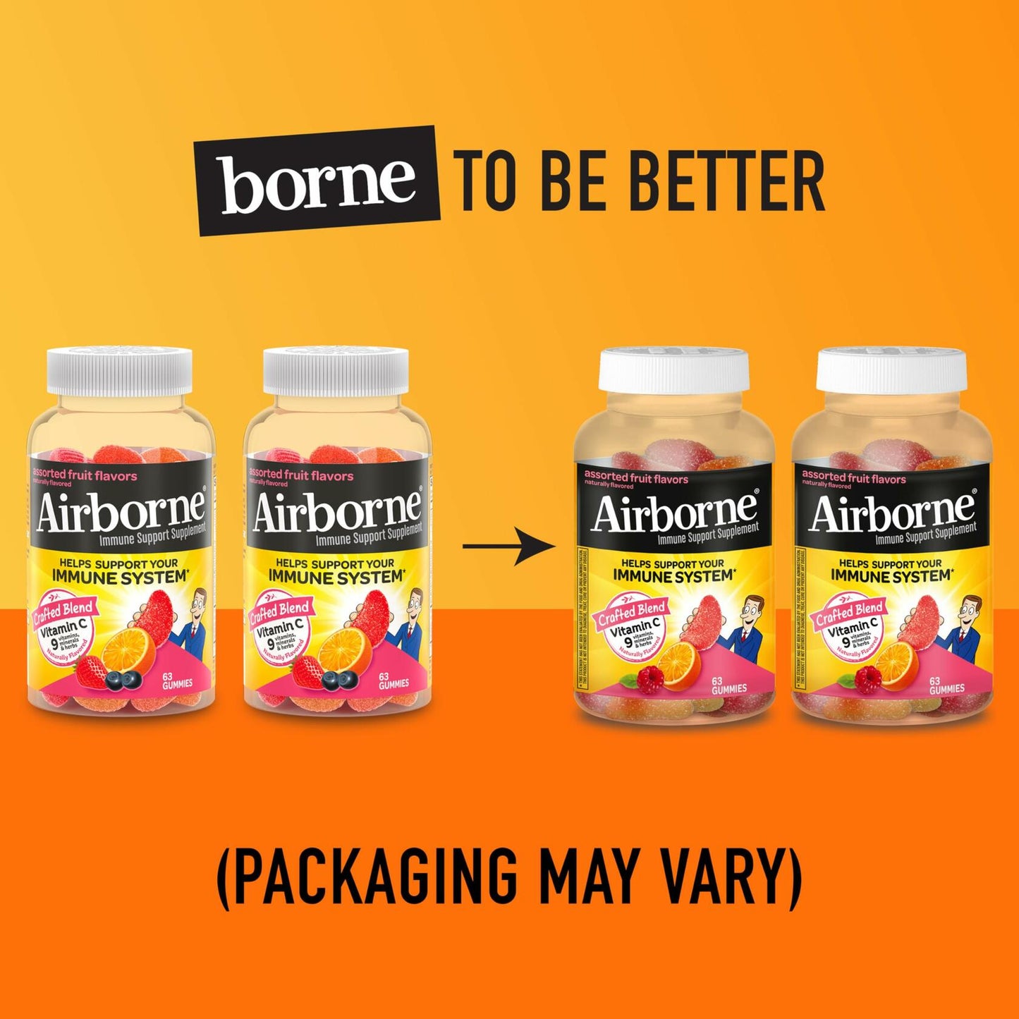 Airborne 750mg Vitamin C Gummies for Adults, Immune Support Gummies with Powerful Antioxidants VIT C & E, Caffeine Free - 2x63ct Bottle (42 Servings), Assorted Fruit Flavor