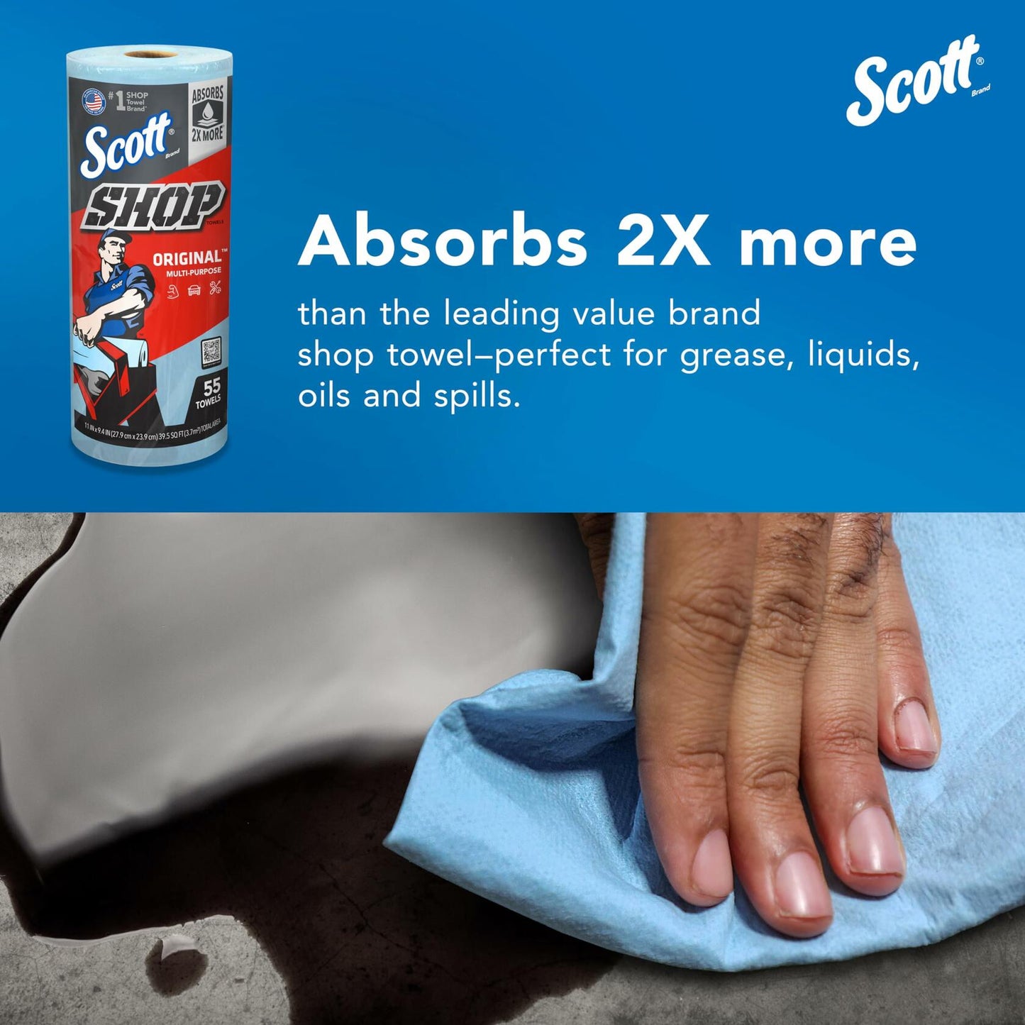 Scott® Shop Towels Original™ (75147), Original Blue Shop Towels, 9.4"x11" sheets (55 Towels/Roll, 12 Rolls/Case, 660 Towels/Case)