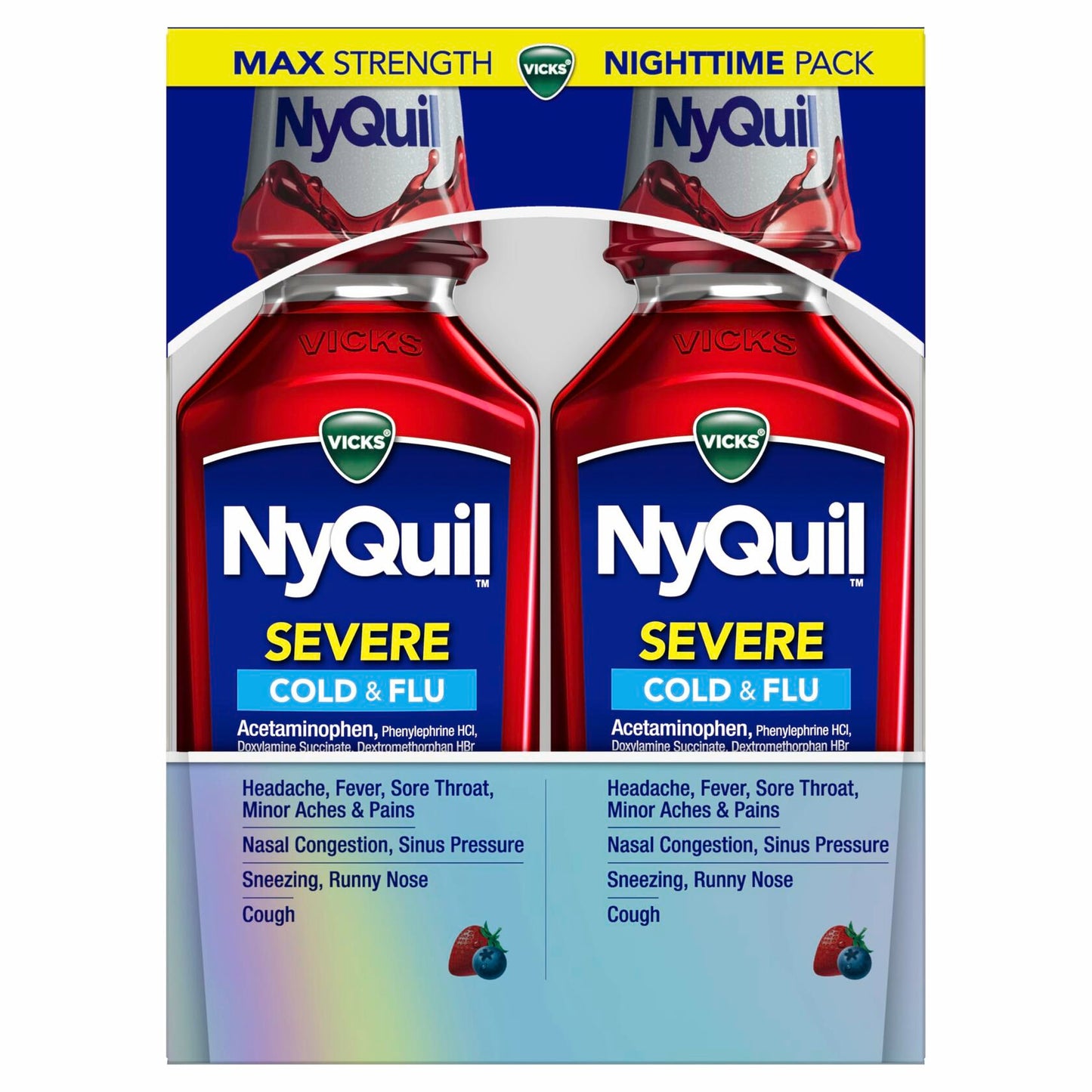 Vicks NyQuil SEVERE Cold, Flu, and Congestion Medicine, 2x12 fl oz Twin Pack, Berry Flavor, Maximum Strength, Nighttime Relief