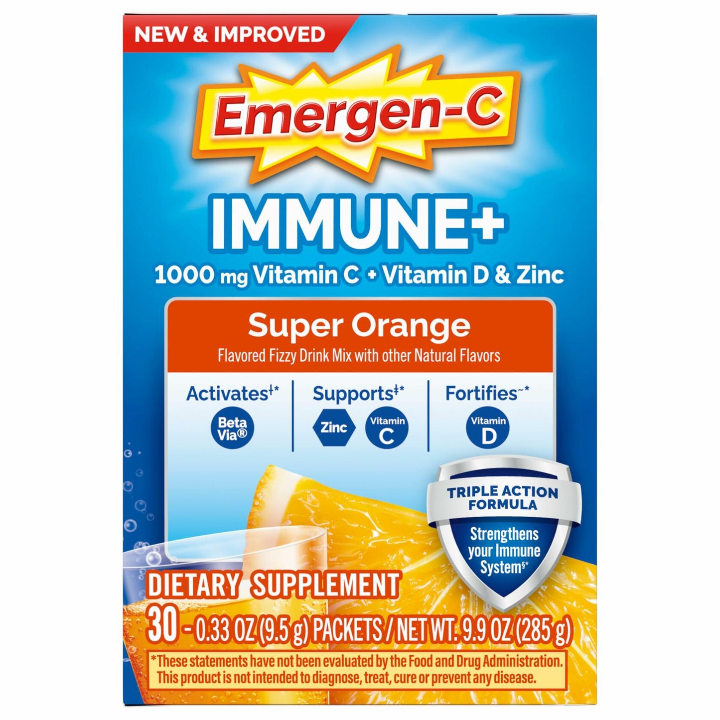 Emergen-C Immune+ Triple Action Immune Support Powder, BetaVia (R), 1000mg Vitamin C, B Vitamins, Vitamin D and Antioxidants, Super Orange – 30 Count (Pack of 1)
