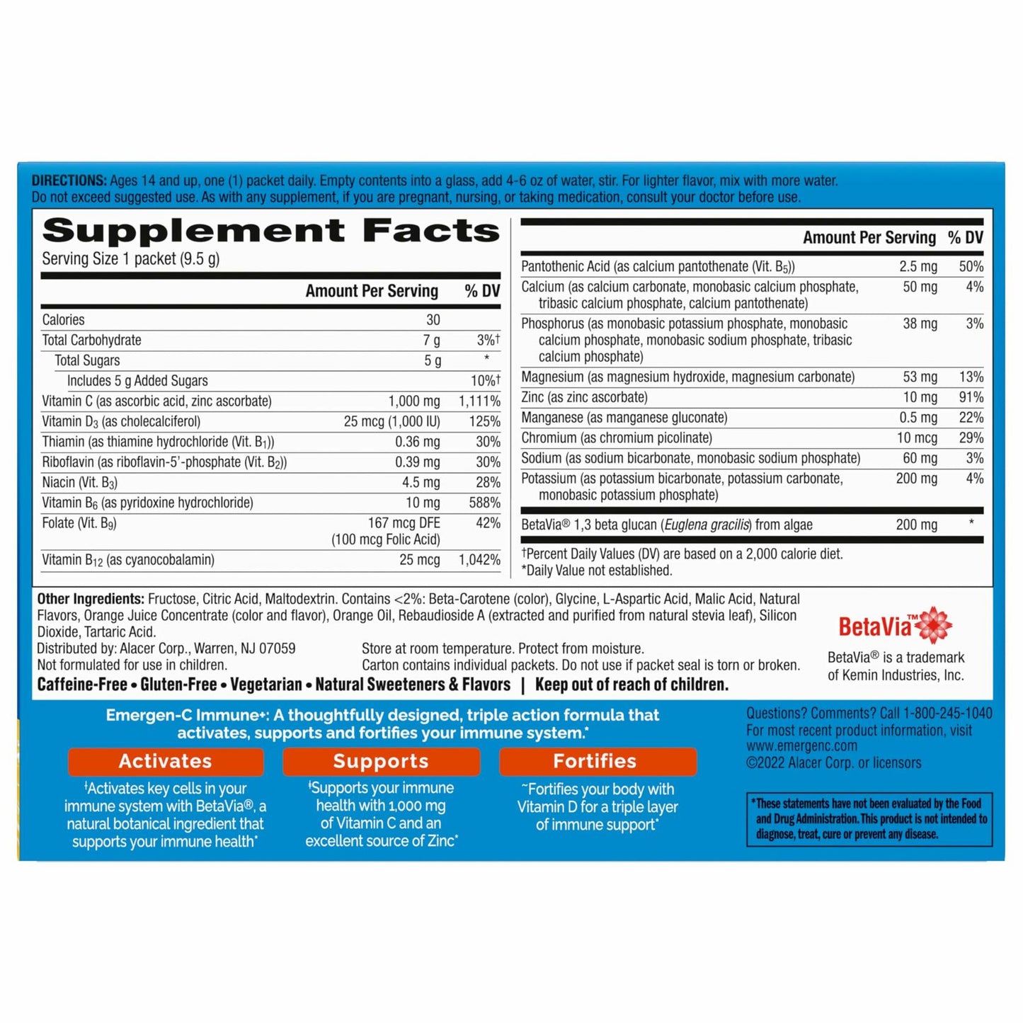 Emergen-C Immune+ Triple Action Immune Support Powder, BetaVia (R), 1000mg Vitamin C, B Vitamins, Vitamin D and Antioxidants, Super Orange – 30 Count (Pack of 1)