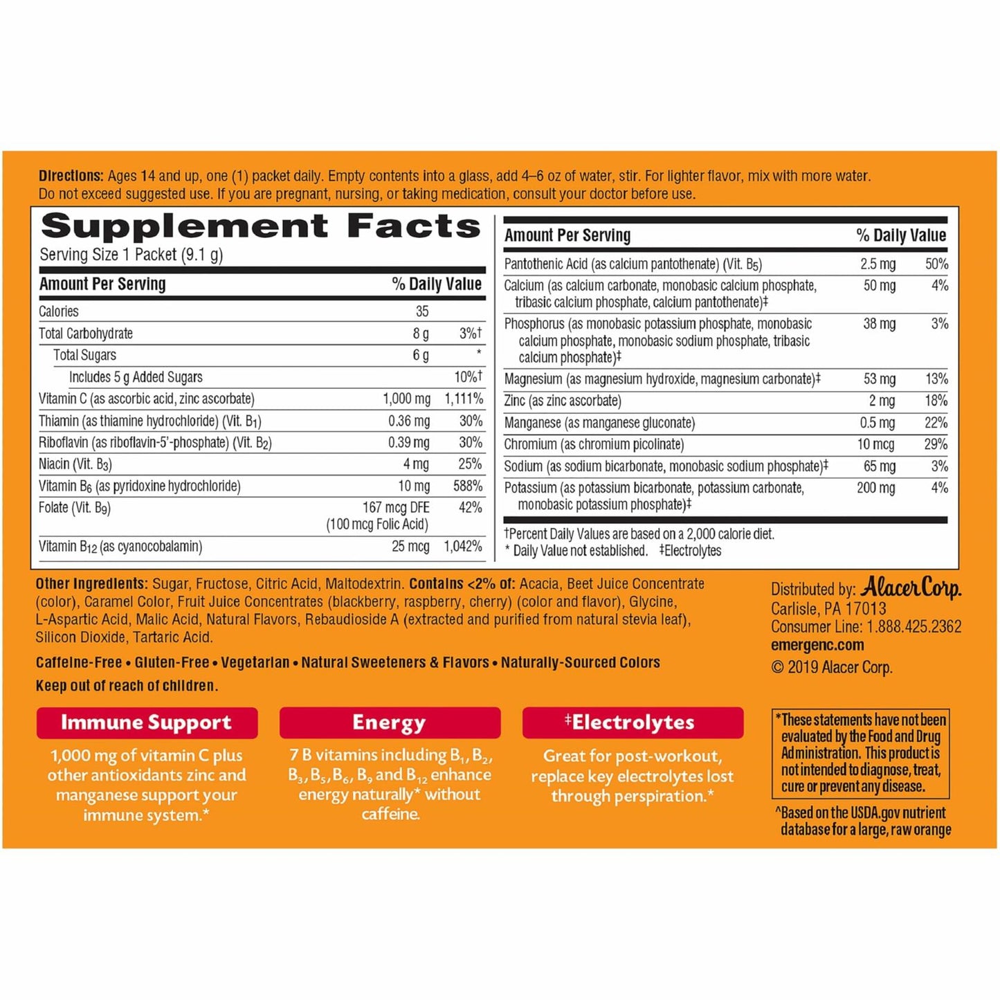 Emergen-C 1000mg Vitamin C Powder, with Antioxidants, B Vitamins and Electrolytes, Vitamin C Supplements for Immune Support, Caffeine Free Drink Mix, Raspberry Flavor - 60 Count/2 Month Supply