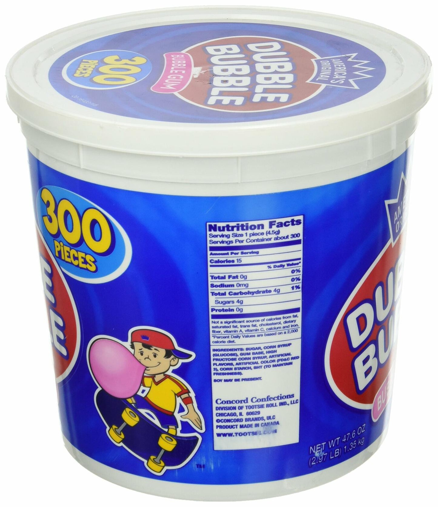 America's Original Dubble Bubble Bubble Gum 47.6 Ounce Value Tub 300 Individually Wrapped Pieces