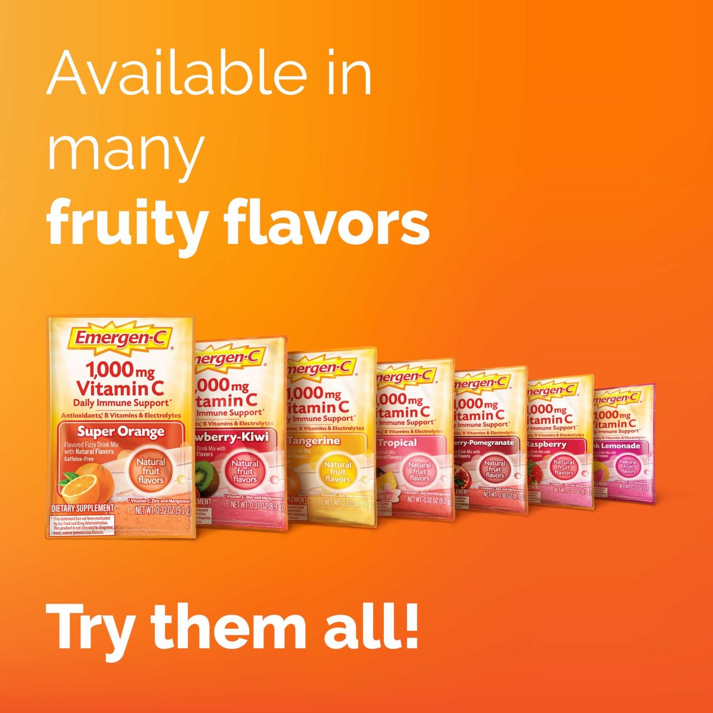 Emergen-C 1000mg Vitamin C Powder, with Antioxidants, B Vitamins and Electrolytes, Vitamin C Supplements for Immune Support, Caffeine Free Drink Mix, Tangerine Flavor - 60 Count/2 Month Supply