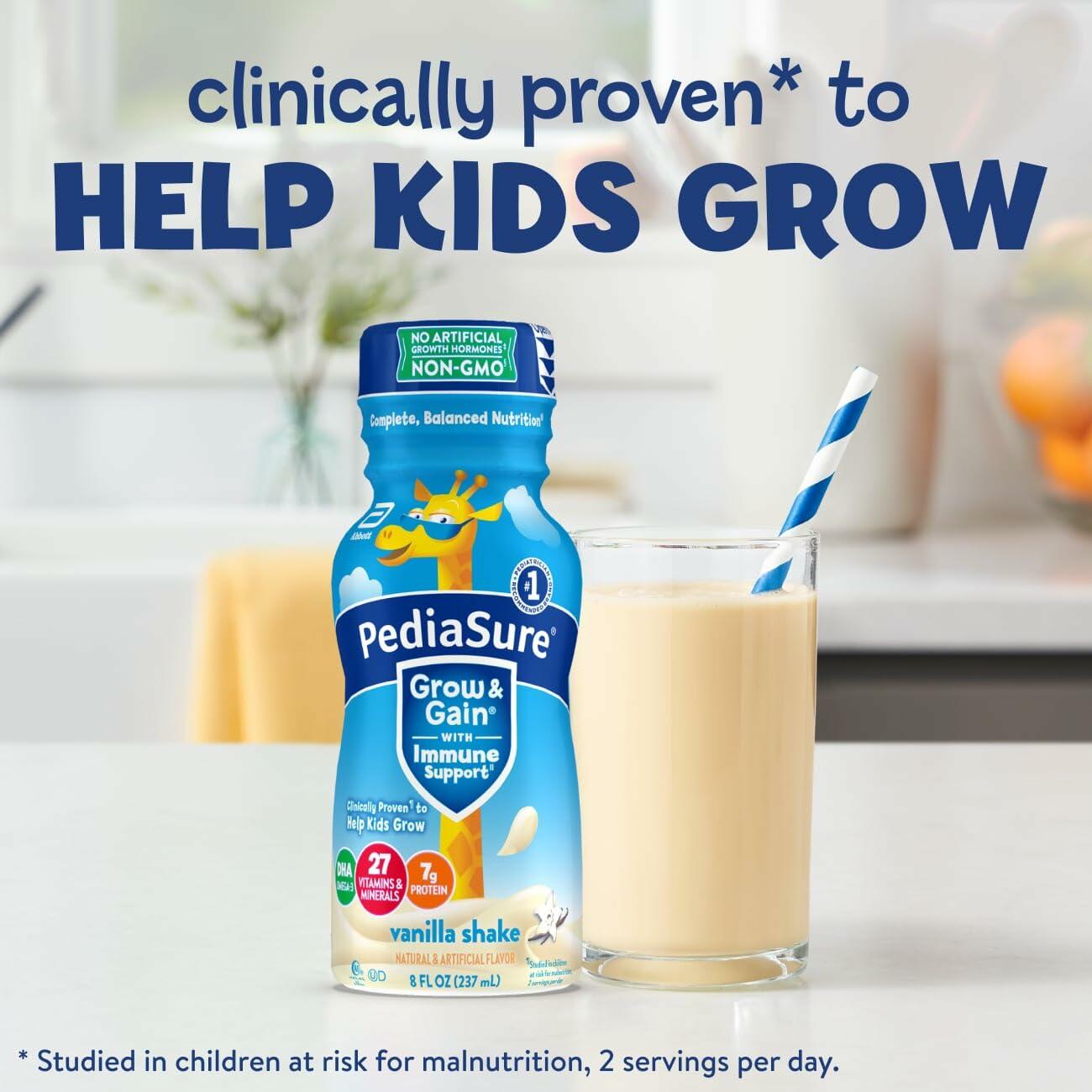 PediaSure Grow & Gain with Immune Support, 27 Minerals & Vitamins for Kids, 7g Protein, Non-GMO, Gluten-Free, Vanilla, 8-fl-oz Bottle, Pack of 6