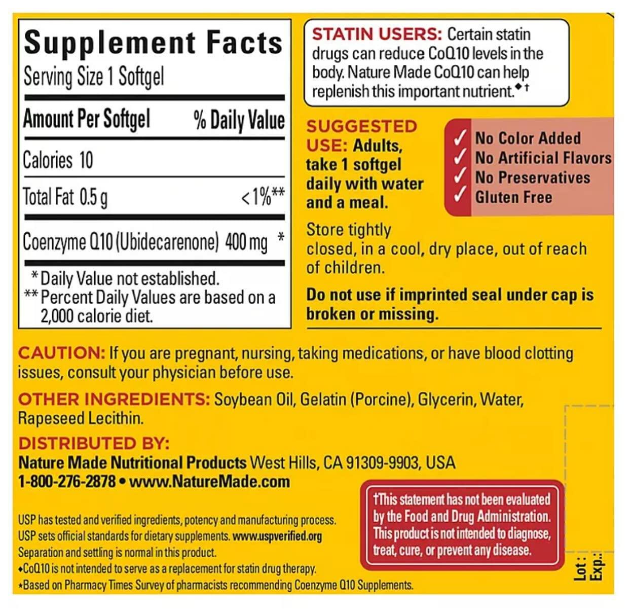 Nature Made CoQ10 (Coenzyme Q 10) 400 mg. Softgels 1 Pack