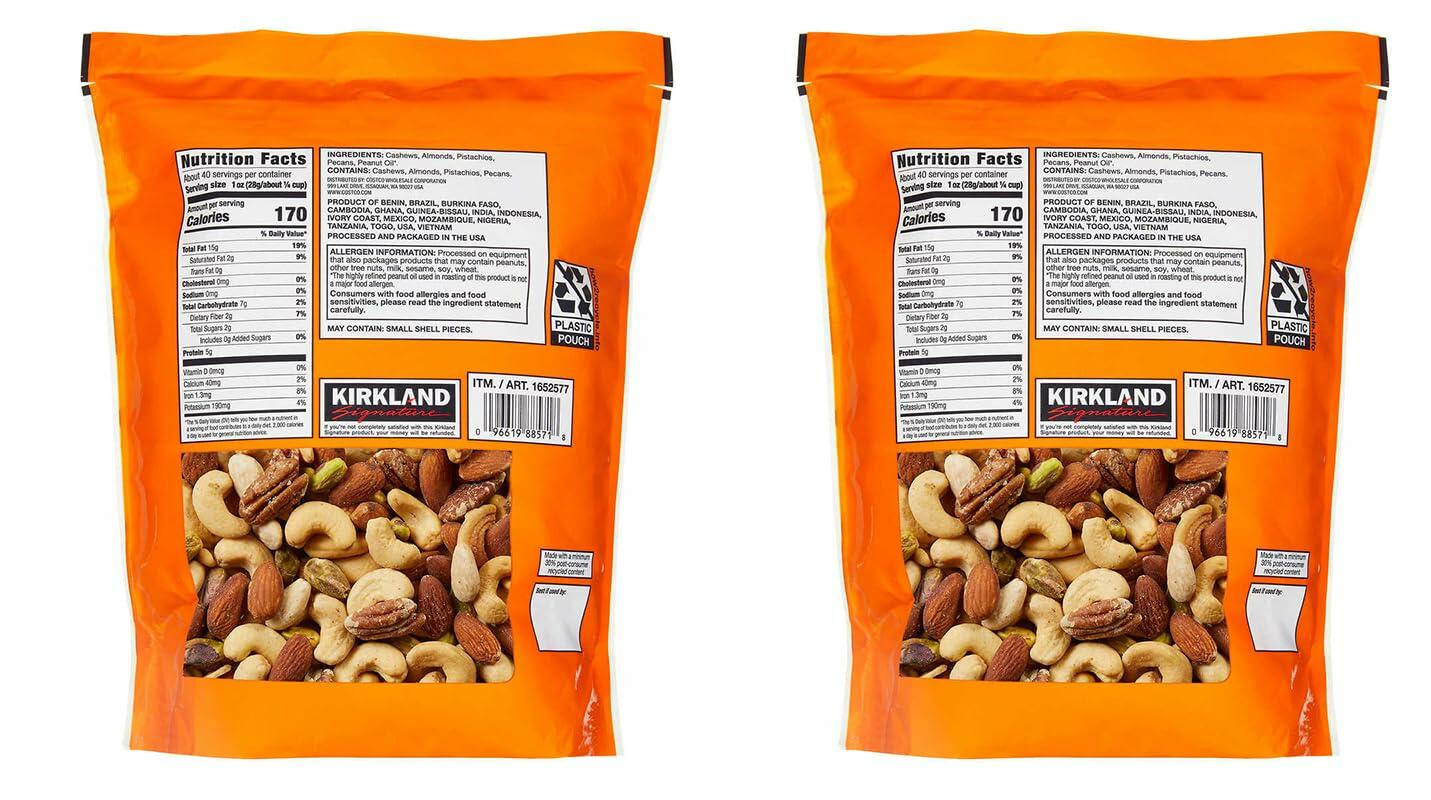 Kirkland Signature Extra Fancy Unsalted Mixed Nuts, 2 Jars (2.5 LB)