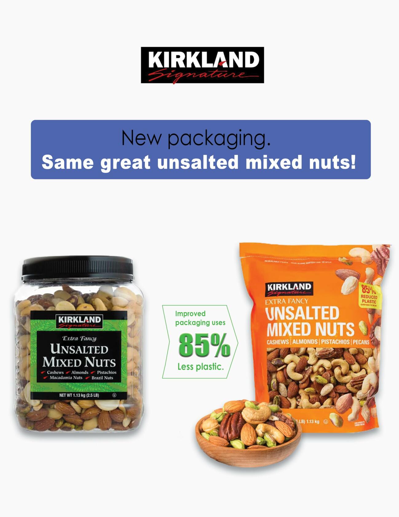 Kirkland Signature Extra Fancy Unsalted Mixed Nuts, 2 Jars (2.5 LB)