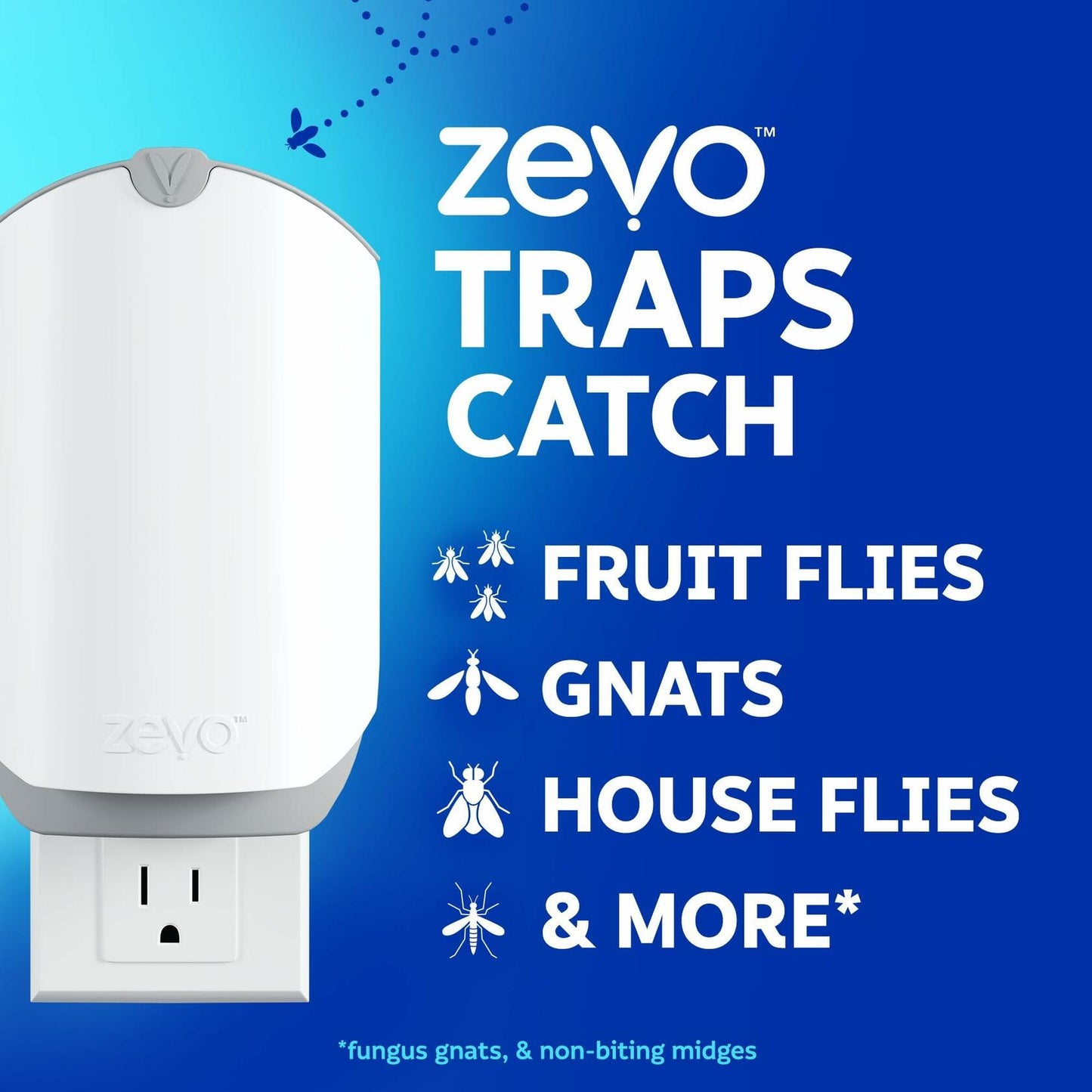 Zevo 2 Flying Insect Traps & 4 Cartridges - Plug In Fly Trap & Indoor Bug Catcher for Gnats, House & Fruit Flies - Mess-Free - Use in Any Room - Uses Blue & UV Light (2 Plug In Devices & 4 Cartridges)