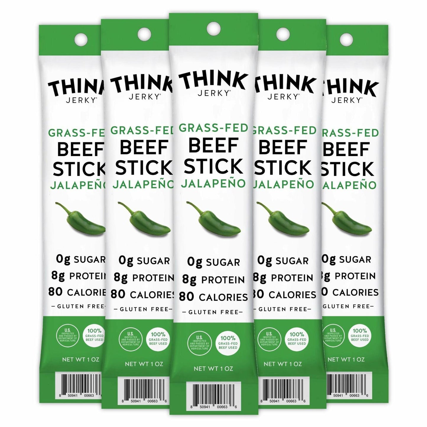 Think Jerky, Jalapeno Grass-Fed Beef Sticks 1 Ounce (Pack of 5) - Sugar Free, Gluten Free, No Nitrates, Keto Friendly, Paleo, High Protein, Low Carb