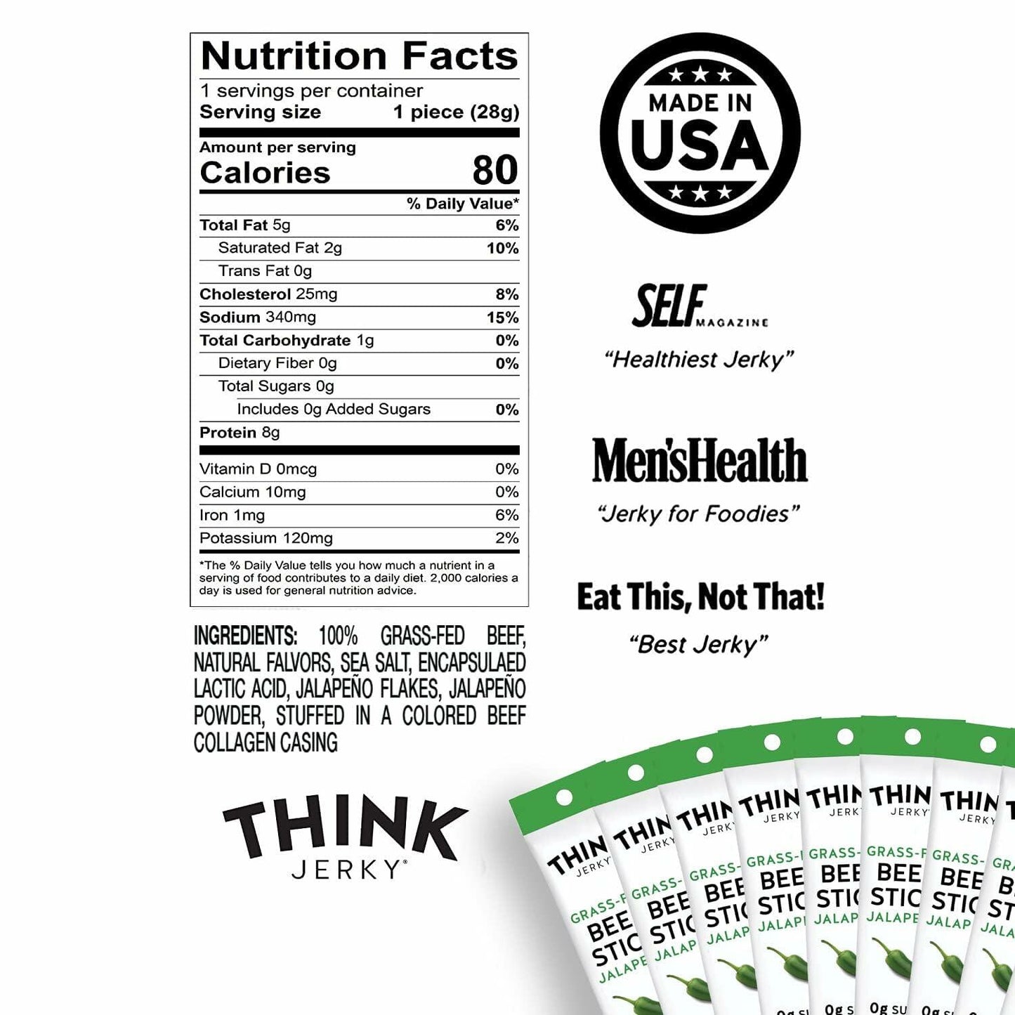 Think Jerky, Jalapeno Grass-Fed Beef Sticks 1 Ounce (Pack of 5) - Sugar Free, Gluten Free, No Nitrates, Keto Friendly, Paleo, High Protein, Low Carb