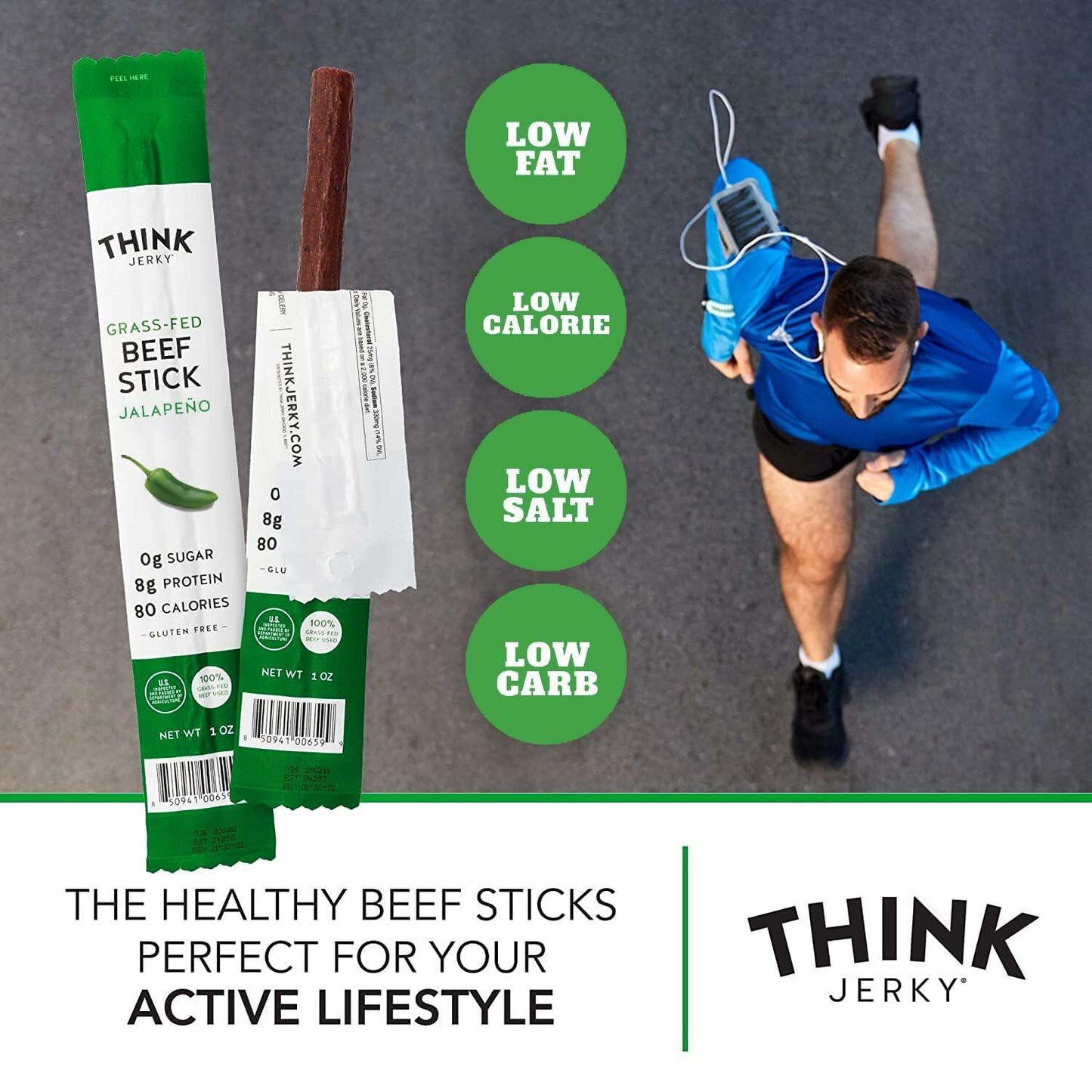 Think Jerky, Jalapeno Grass-Fed Beef Sticks 1 Ounce (Pack of 5) - Sugar Free, Gluten Free, No Nitrates, Keto Friendly, Paleo, High Protein, Low Carb