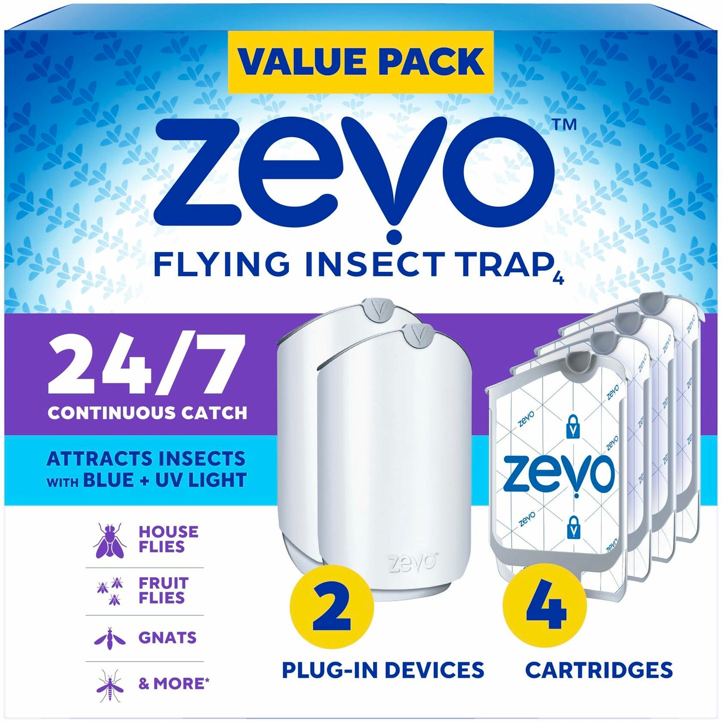 Zevo 2 Flying Insect Traps & 4 Cartridges - Plug In Fly Trap & Indoor Bug Catcher for Gnats, House & Fruit Flies - Mess-Free - Use in Any Room - Uses Blue & UV Light (2 Plug In Devices & 4 Cartridges)
