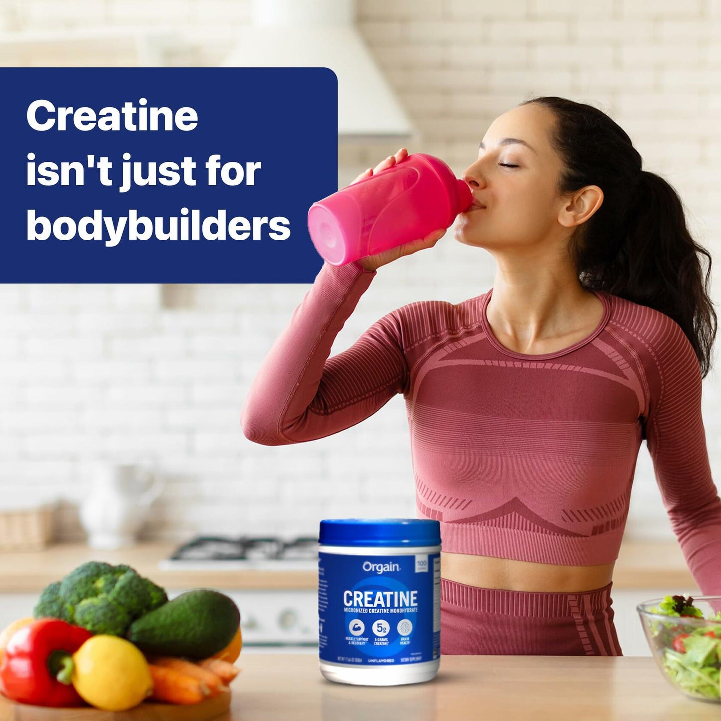 Orgain Creatine Monohydrate Micronized Powder, Unflavored, Supports Muscle Growth, Post Workout Recovery and Brain Health, No Artifical Additives, Non-GMO, 100 Servings, 17.64 Oz