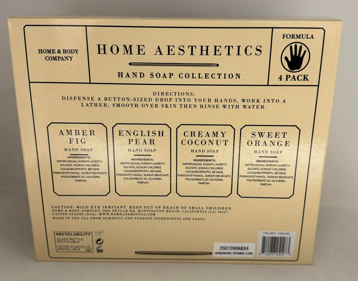 Home and Body Company |Home Aesthetics | Hand Wash Ultra Moisturizing Formula in Glass Bottles | SET OF 4 | Sweet Orange, Creamy Coconut, English Pear, Amber Fig |