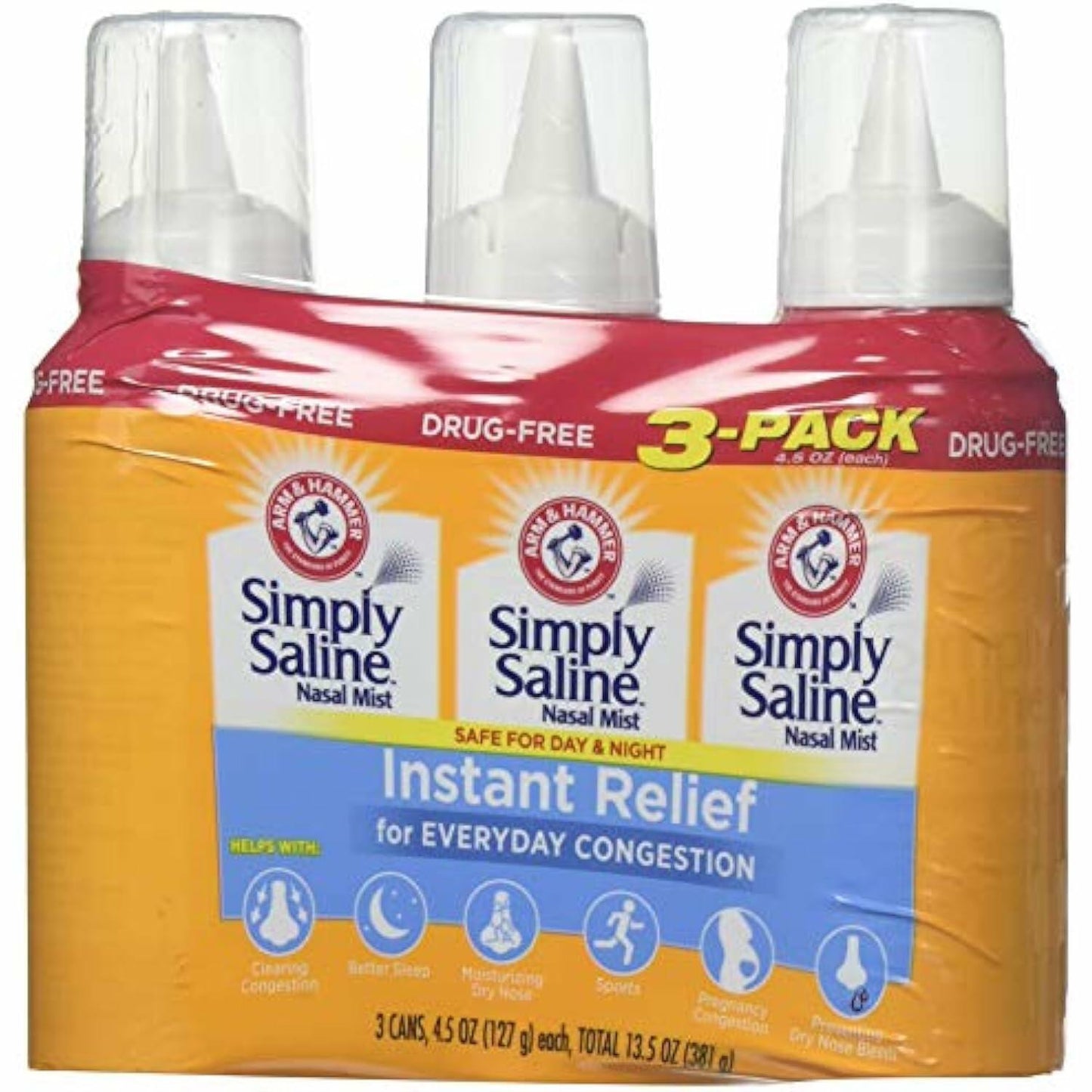 Arm & Hammer Simply Saline Nasal Relief Mist Spray- Giant Size - 4.5 Ounce (Pack of 3)