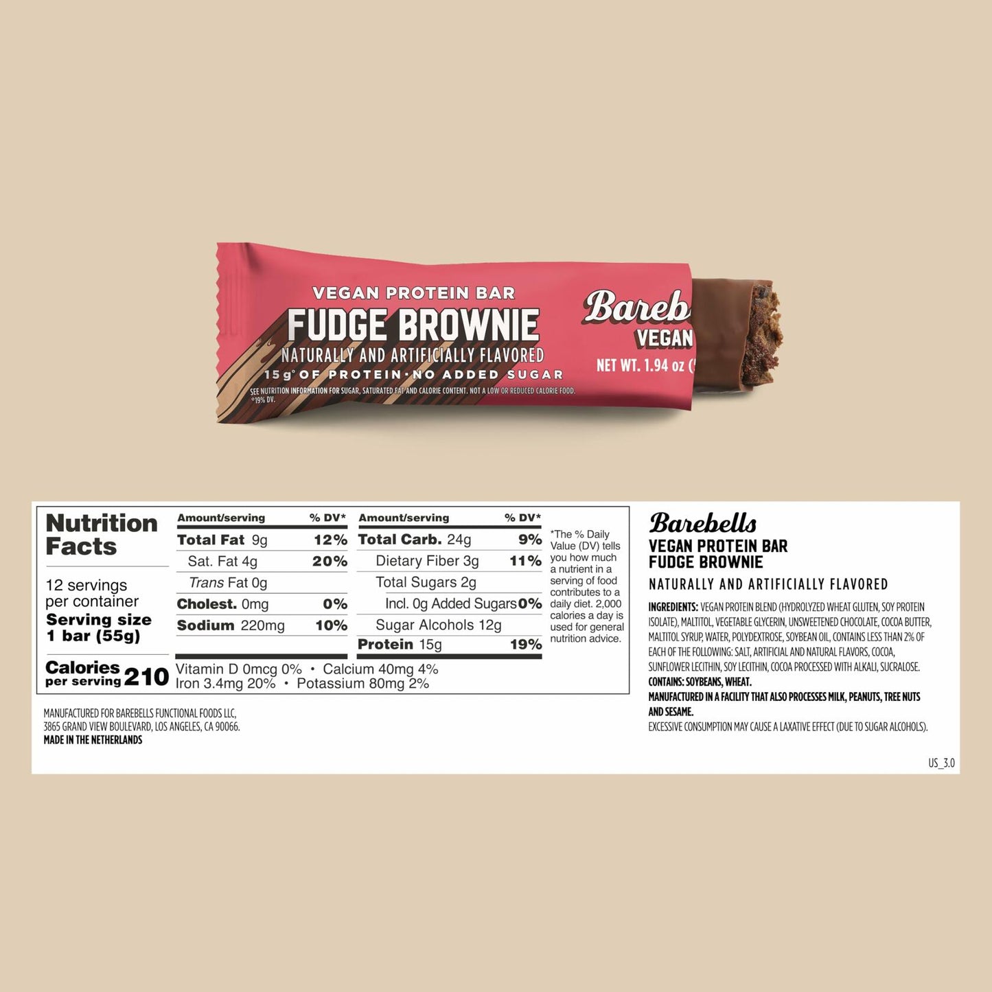 Barebells Plant Based Protein Bars, Fudge Brownie – 24 bars (2 Packs of 12) - 15g of Plant-Based High Protein Treats – Vegan Chocolate Nutrition Bar with 1g Total Sugar - On The Go Breakfast or Post-Workout Snack