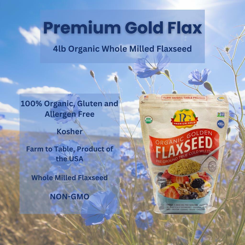 Premium Gold Organic Ground Flax Seed | 4 pounds | Omega 3 | High Fiber Food | Gluten-Free, Non-GMO, Kosher, Whole Milled Flaxseed, Plant-Based Protein, Ideal for Beverages, Baking & Topping