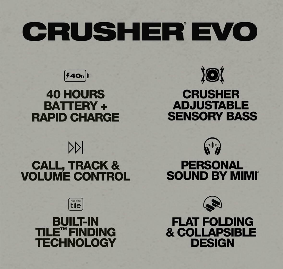 Skullcandy Crusher Evo Wireless Bluetooth Headphones with Multi-Sensory Bass, Noise Isolating Over-Ear Fit, Up to 40 Hours Battery, Microphone for iPhone Android - Blue/Grey