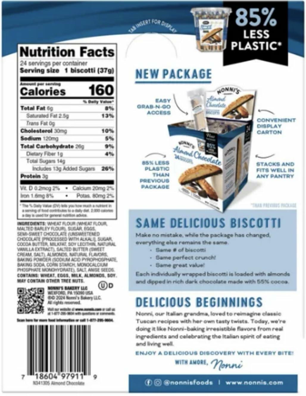 Nonni's Almond Chocolate Biscotti, 24 Count, Dark Chocolate Dipped, Individually Wrapped