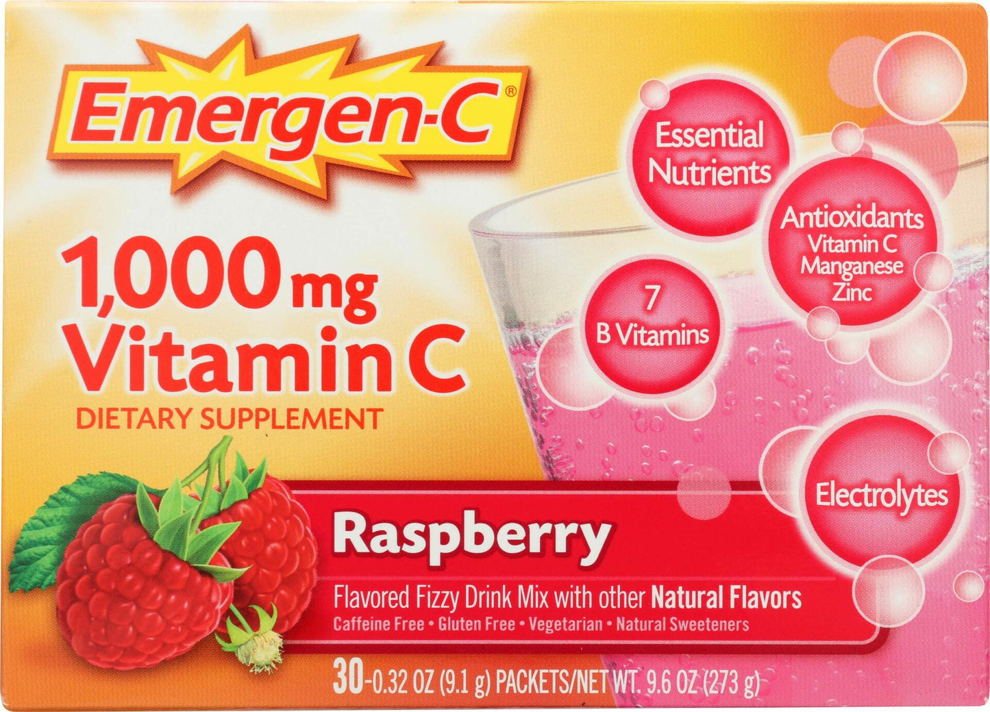 Alacer Raspberry Emergen C Box 30 Pack, 0.32 Oz