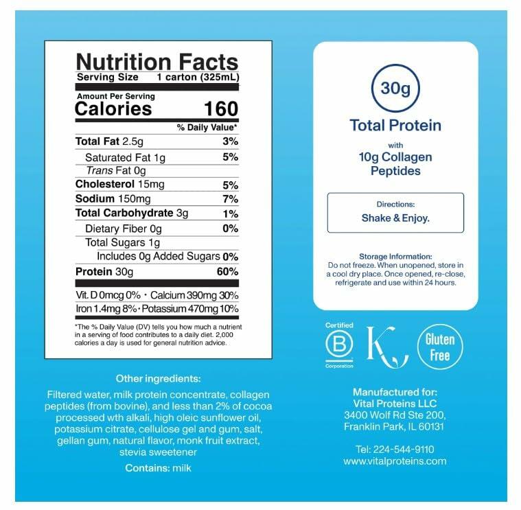 Vital Proteins Collagen Protein Shake, Chocolate, 18 pack.