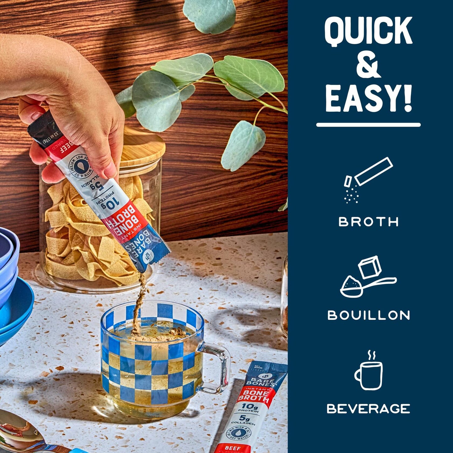 Bare Bones Beef Bone Broth Instant Powdered Mix | Rich Savory Packets on-the-Go No Artificial Flavors | 100% Grass Fed Keto & Paleo Friendly | 10g Protein | 12 Pack