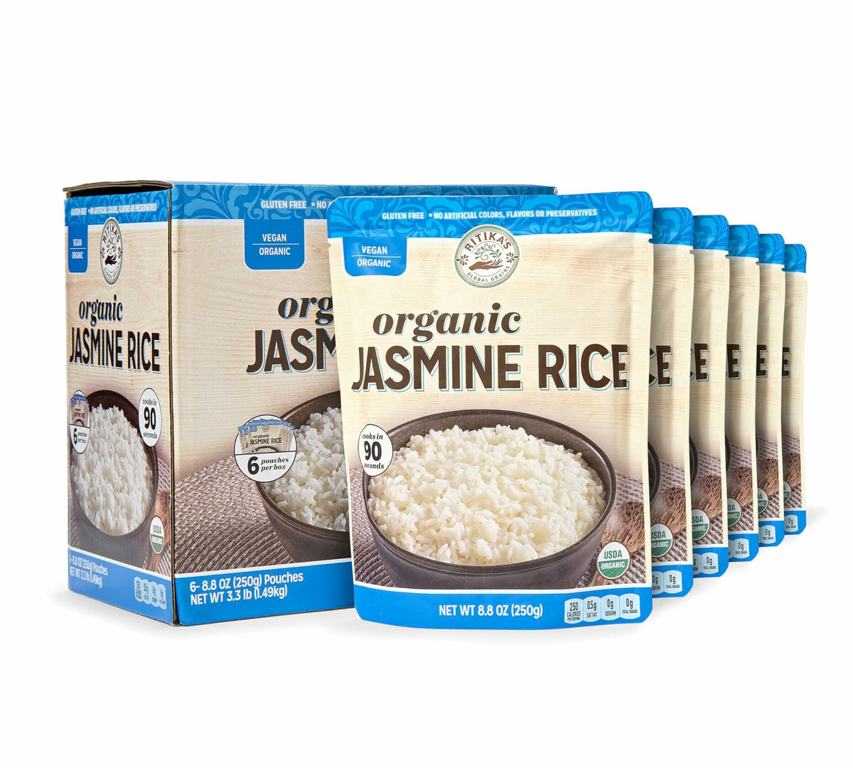 Ritika’s Global Grains Certified Organic Jasmine Rice, Ready Rice in 90 Seconds, Microwaveable 8.8 oz Pouch (Pack of 6)