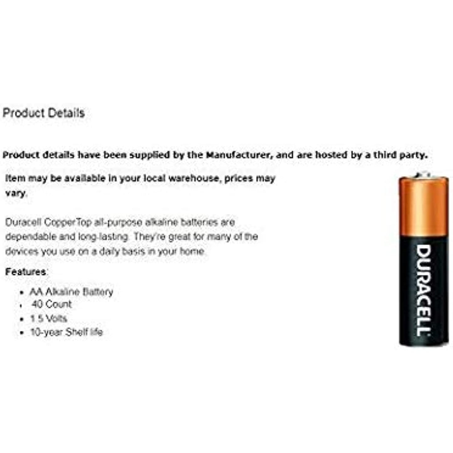 Duracell - CopperTop AA Alkaline Batteries - long lasting, all-purpose Double A battery for household and business - 40 Count