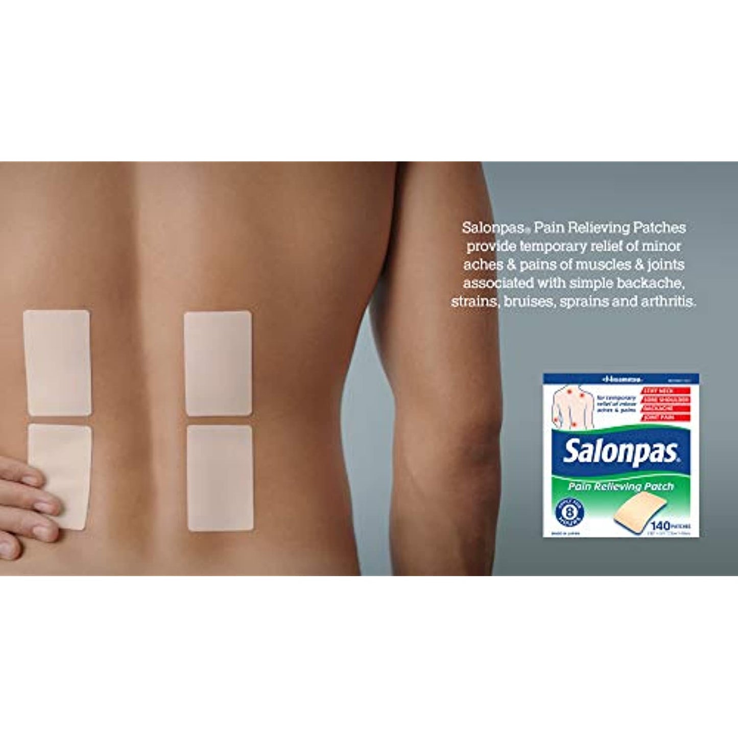 Salonpas Pain Relieving Patches, Pain Relieving Patch for Back Pain, Neck Pain, Shoulder Pain, Knee Pain, Muscle Soreness & Pain, Joint Pain, Up to 8 Hours of Pain Relief, 140 Count