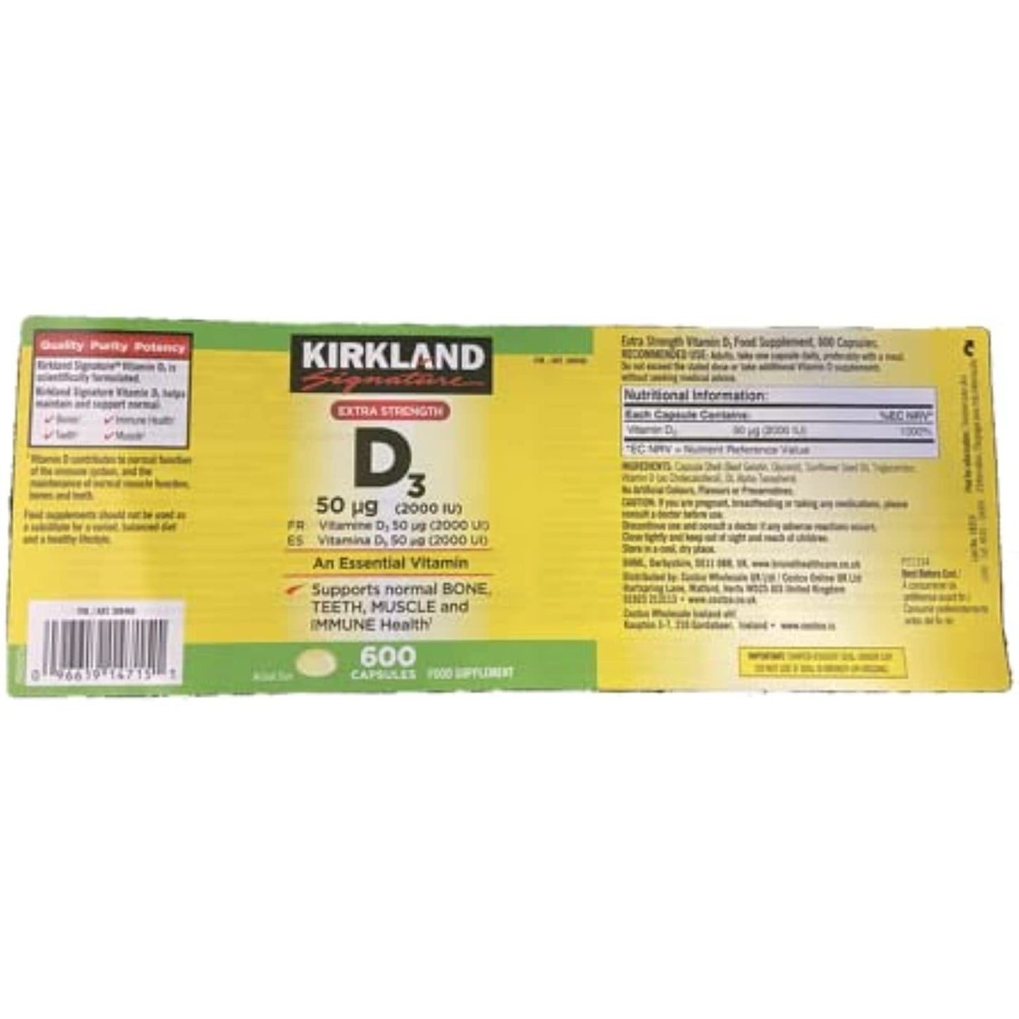 Kirkland Signature Extra Strength Vitamin D3 2000 I.U. 600 Softgels, Bottle
