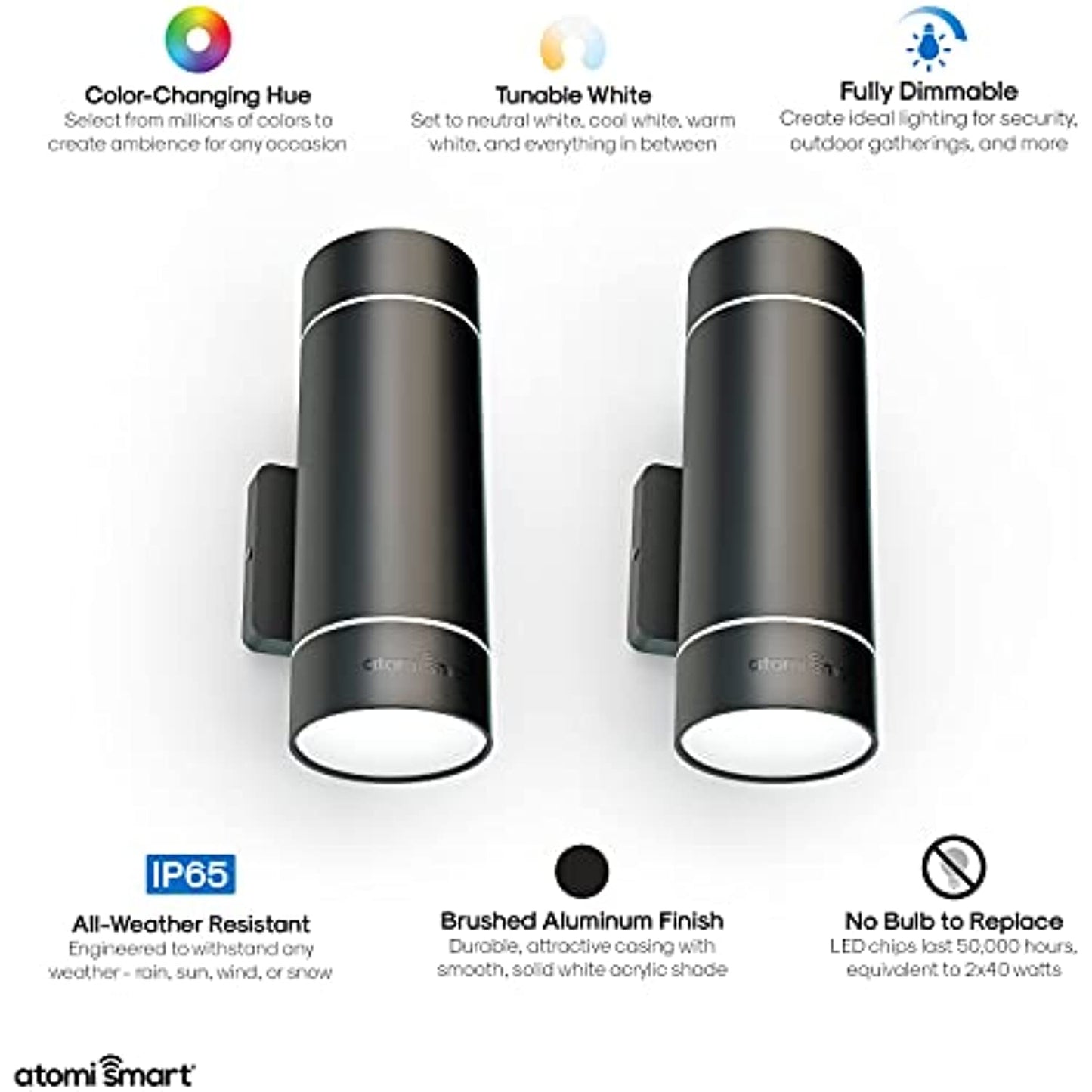 Atomi Smart WiFi LED Wall Sconce Lights - 2 Pack, 1200 Lumens, Dimmable, Premium Aluminum Construction, IP65 All-Weather, Tunable White, Color Changing, Works with Voice Assistance