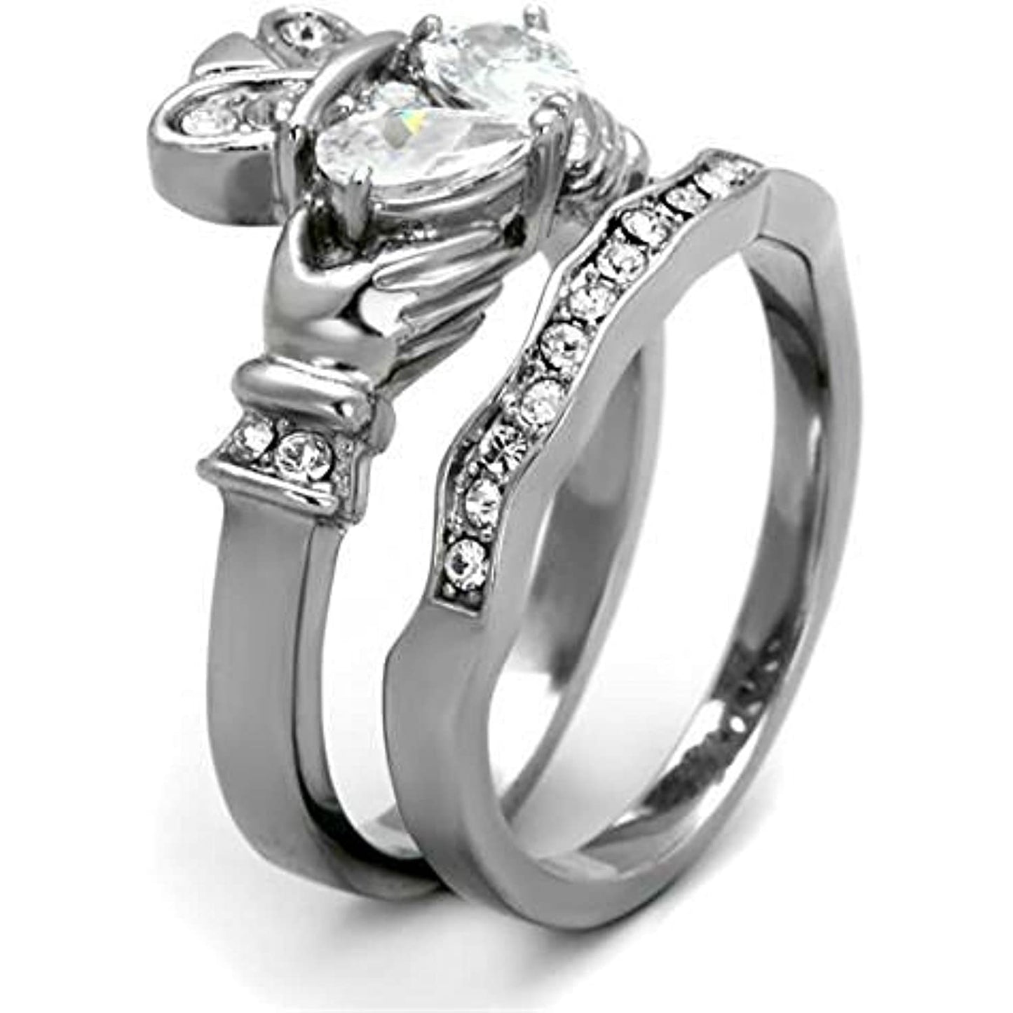 Reliable and Fast Women's Irish Claddagh AAA CZ Stainless Steel Wedding Ring Band Set Size 5-10 (9)
