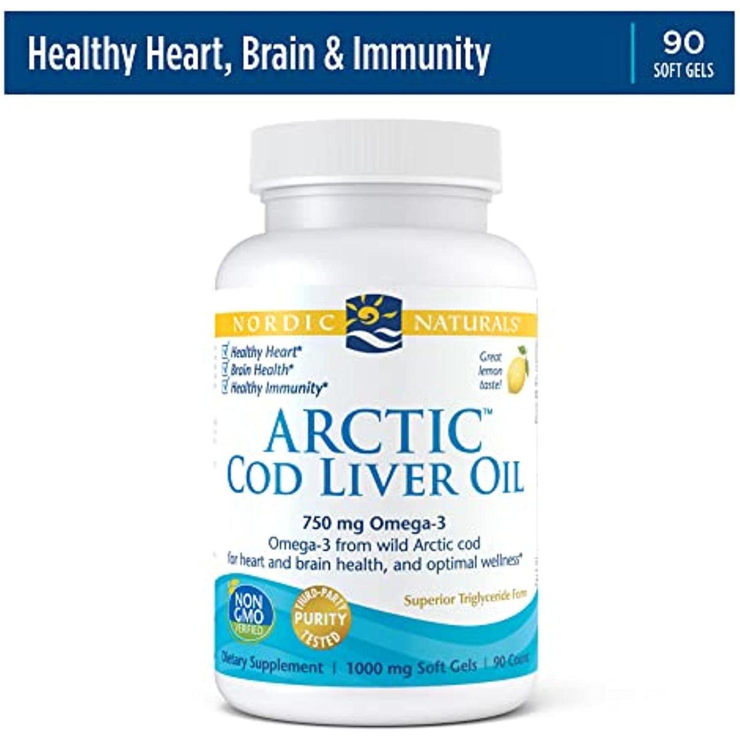 Nordic Naturals Arctic Cod Liver Oil, Lemon - 90 Soft Gels - 750 mg Total Omega-3s with EPA & DHA - Heart & Brain Health, Healthy Immunity, Overall Wellness - Non-GMO - 30 Servings