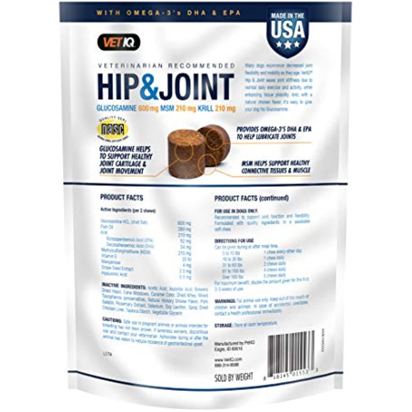 VetIQ Hip & Joint Supplement for Dogs, Anti Inflammatory Joint Support, Chondroitin and Glucosamine, Chicken Flavored Soft Chews, 180 Count - Packaging May Vary