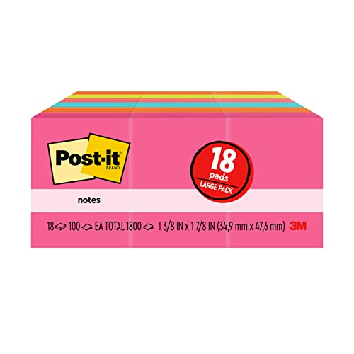 Post-it Mini Notes, 1 3/8 in x 1 7/8 in, 18 Pads, America's #1 Favorite Sticky Notes, Poptimistic Collection, Bright Colors (Blue, Orange, Pink, Green), Clean Removal, Recyclable (653-18AU)