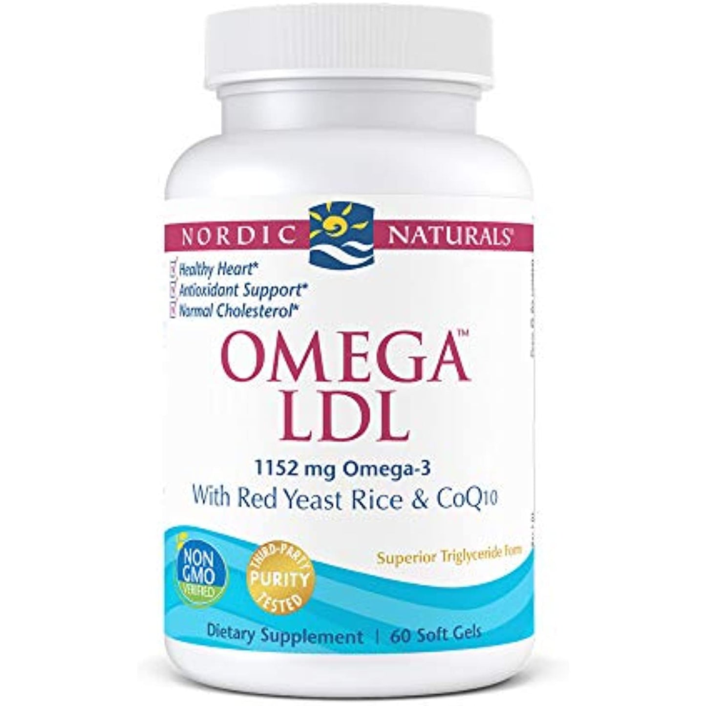 Nordic Naturals Omega LDL, Lemon - 60 Soft Gels - 1152 mg Omega-3 + Red Yeast Rice & CoQ10 - Heart Health, Normal Cholesterol, Antioxidant Support - EPA & DHA - Non-GMO - 20 Servings